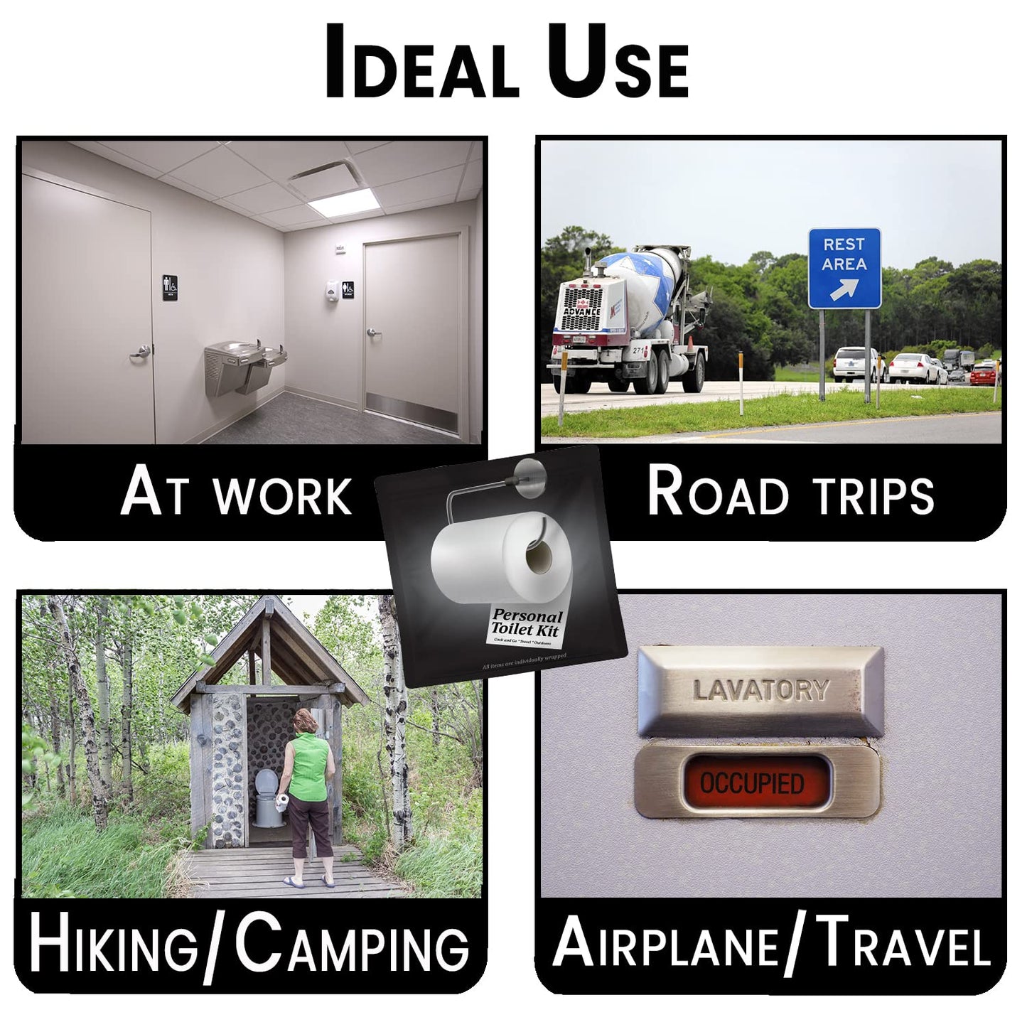 Personal Toilet Kit To Go – 10 Pack | Disposable Public Restroom Kit | Individually Wrapped for Toilet Protection Kit | Toilet Paper, Toilet Seat Cover, Butt Wipes, Cleansing Wipes (Black Toilet)