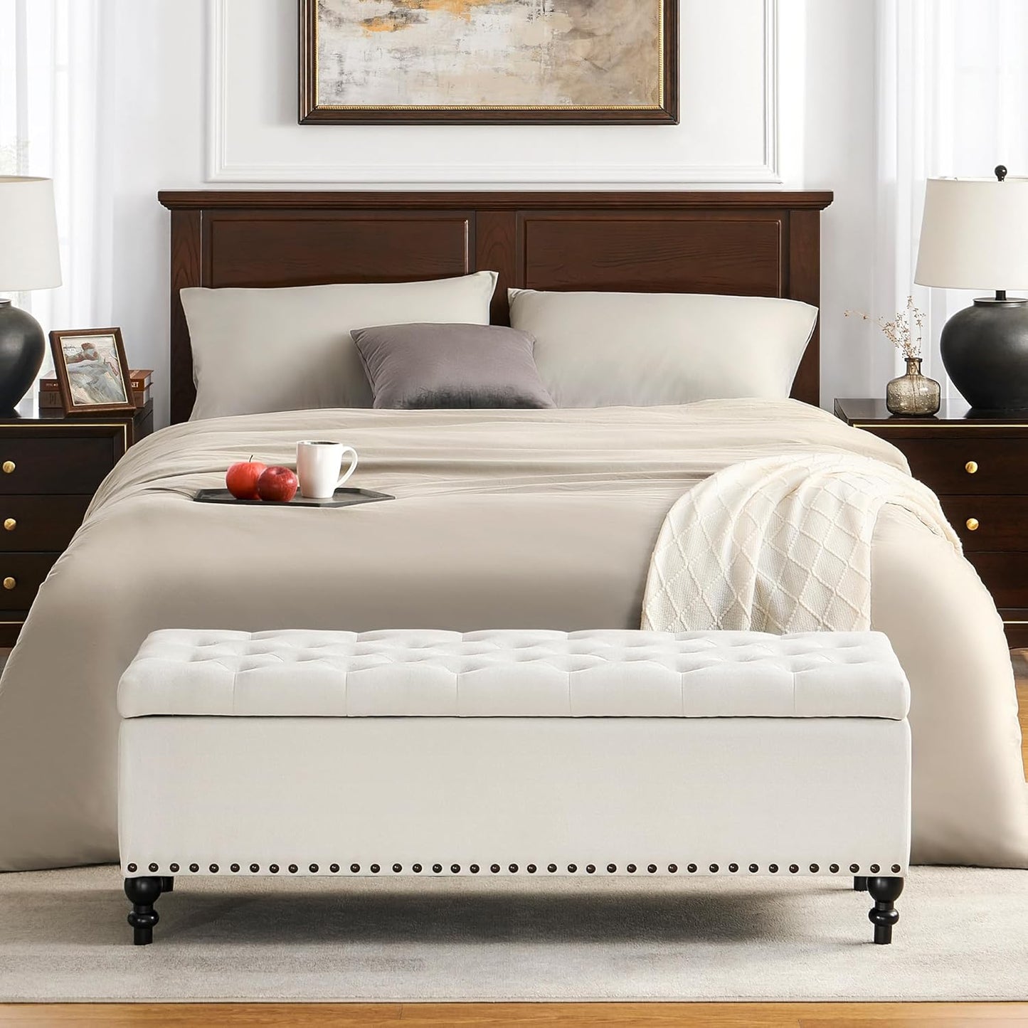 Storage Ottoman 50.2 Inches Upholstered Fabric Storage Ottoman Bench，Button Tufted Ottoman with Storage for Living Room，Bedroom End of Bed Bench Withstands 304lbs