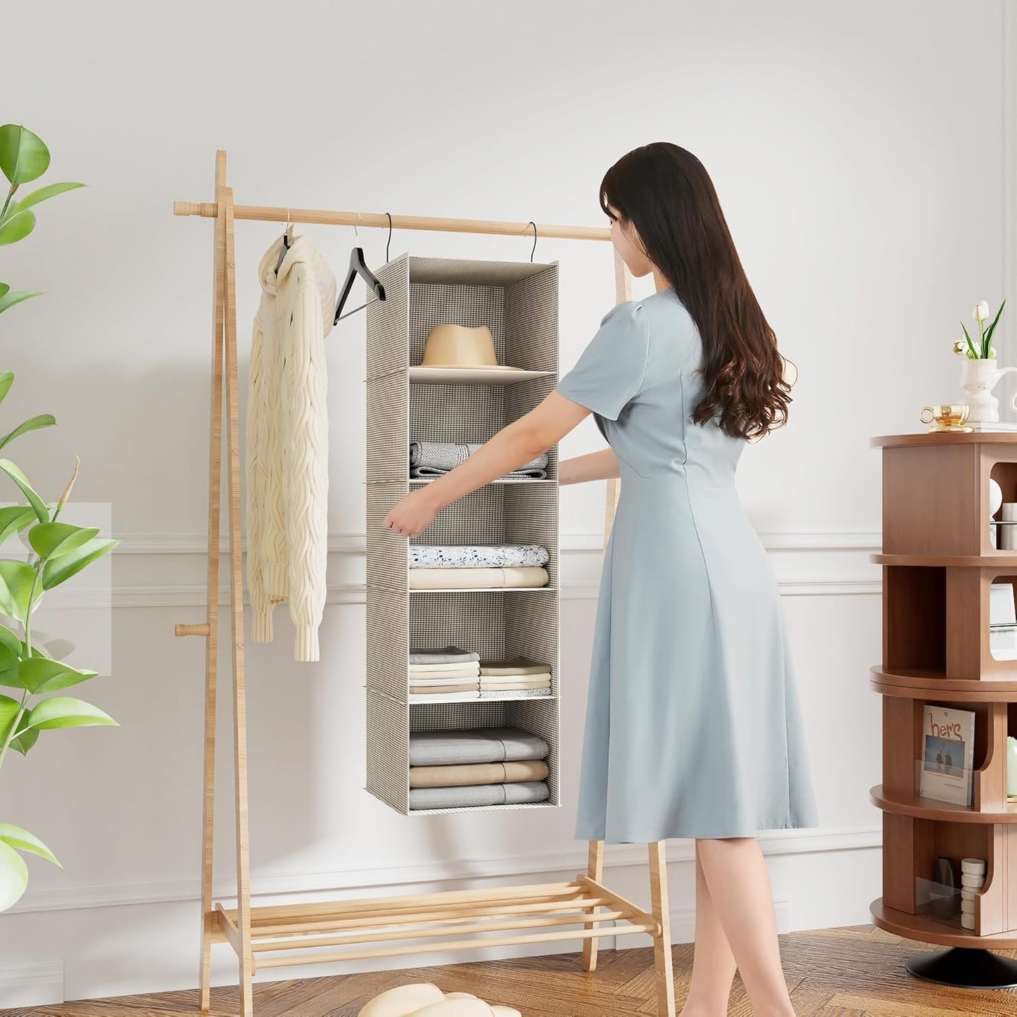 Hanging Closet Organizer, Easy Mount Foldable 5-Shelf Hanging Closet Wardrobe Storage Shelves, Clothes Handbag Shoes Accessories Storage, Imitation Linen Fabric, Beige Houndstooth
