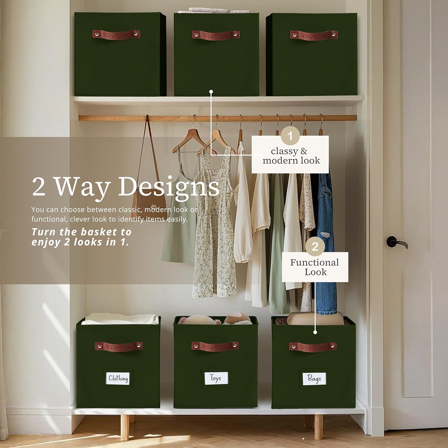 DECOMOMO Storage Baskets, 13x15x13 Storage Cube Bins with Labels for Organizing Shelves Kallax (Kallax / 4pcs, Olive Green)