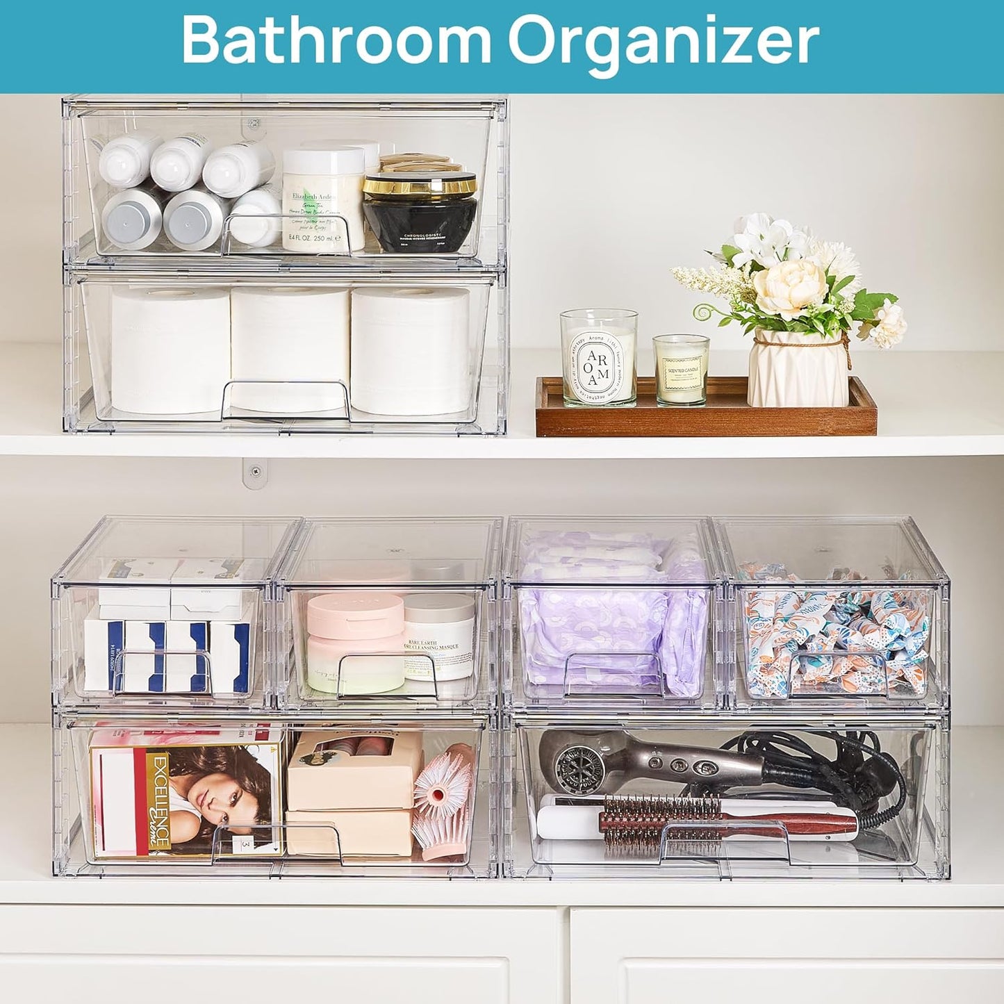 Vtopmart 3 Pack Stackable Storage Drawers, Easily Assemble Acrylic Bathroom Undersink Organizers,Clear Plastic Storage Bins for Closet,Cabinet,Pantry,Medicine Organization