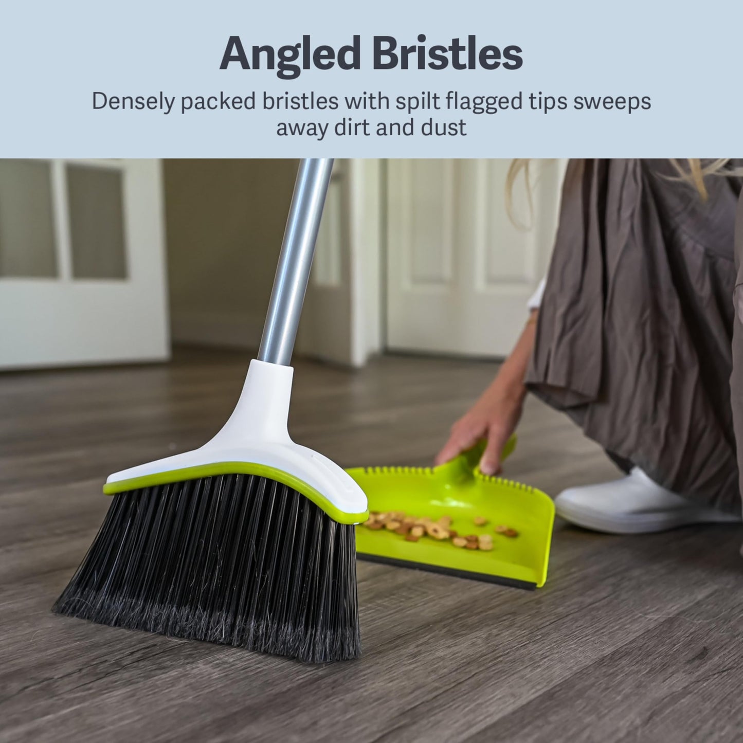 Casabella Basics 2-Piece Angled Broom and Dustpan Set, 44" Angled Broom with Long Handle and