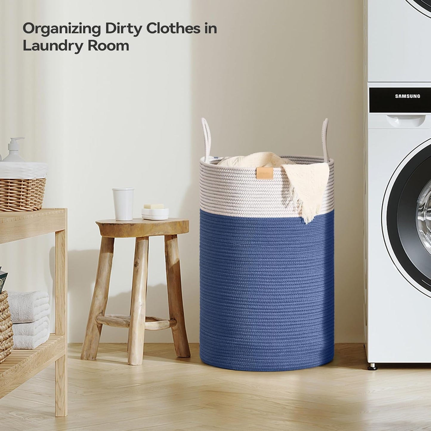 Laundry Hamper 75L,Large Laundry Basket for Clothes,Decorative Storage Basket for Blankets,Cotton Rope Woven basket for bedroom,Navy Blue