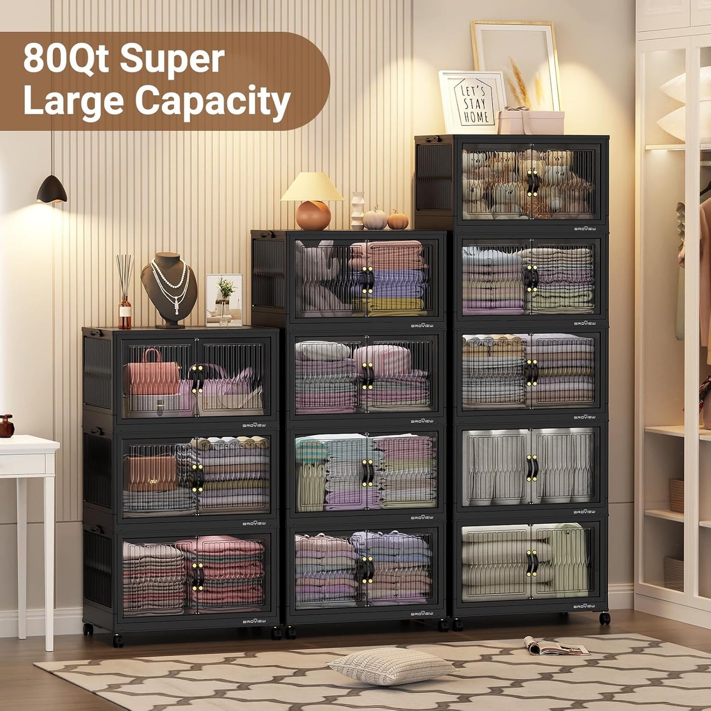 BROVIEW 240Qt Stackable Storage Bins with Lid, Extra Large Closet Organizer Collapsible Drawer Boxes with Wheels, Folding Plastic Cabinet Containers for Home Kitchen Room Organization, 3Pack Black