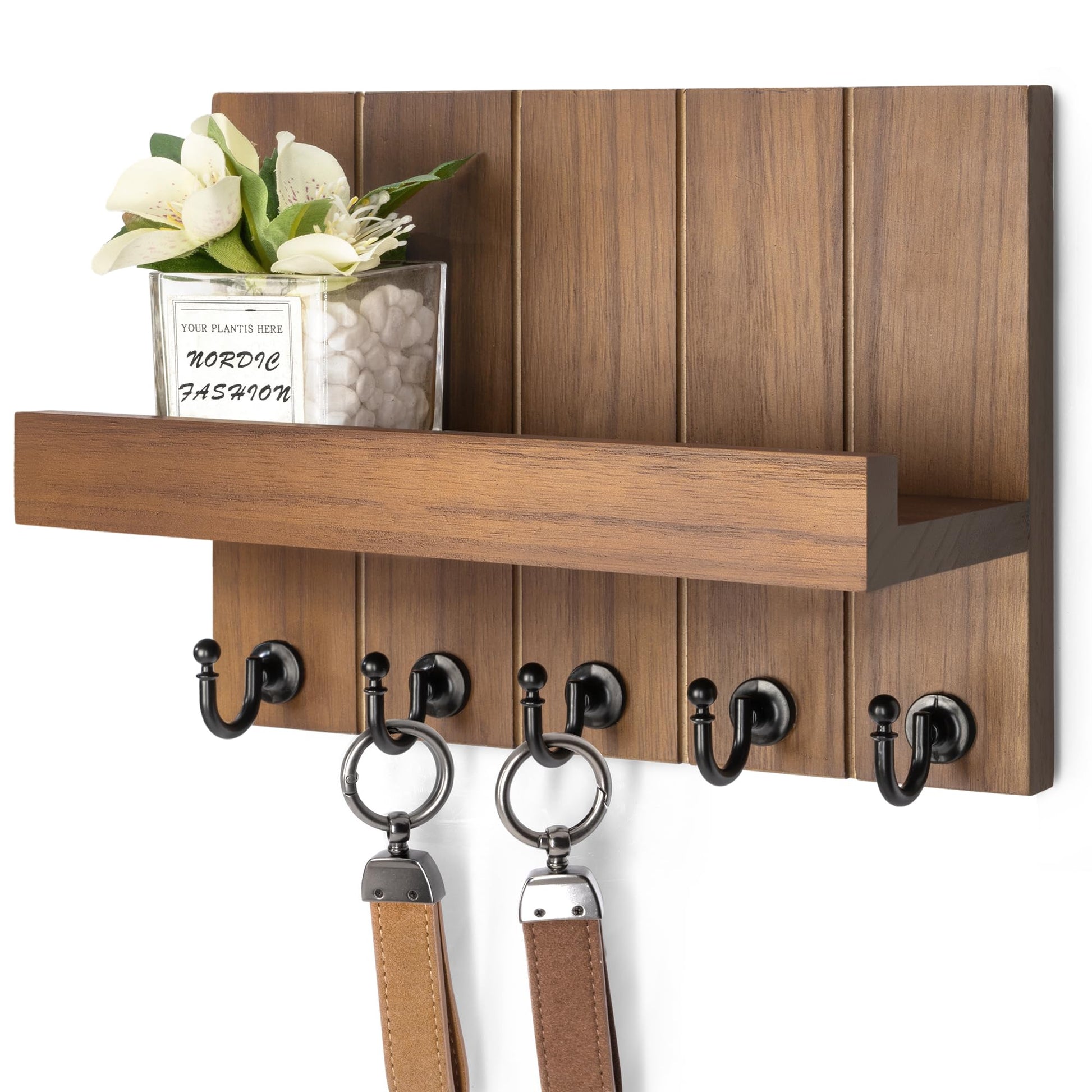Rebee Vision Key Holder Wall Mount with 5 Key Hooks for Home Decor, Brown