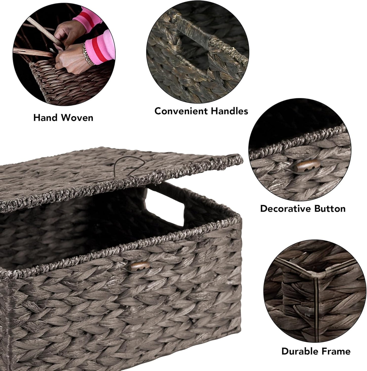 Wicker Storage Baskets with Lids and Handles, Hand Woven Rattan Storage Bins Box, Set 3 Black Water Hyacinth Decorative Large Small Basket Container for Shelves, Bathroom Organizing