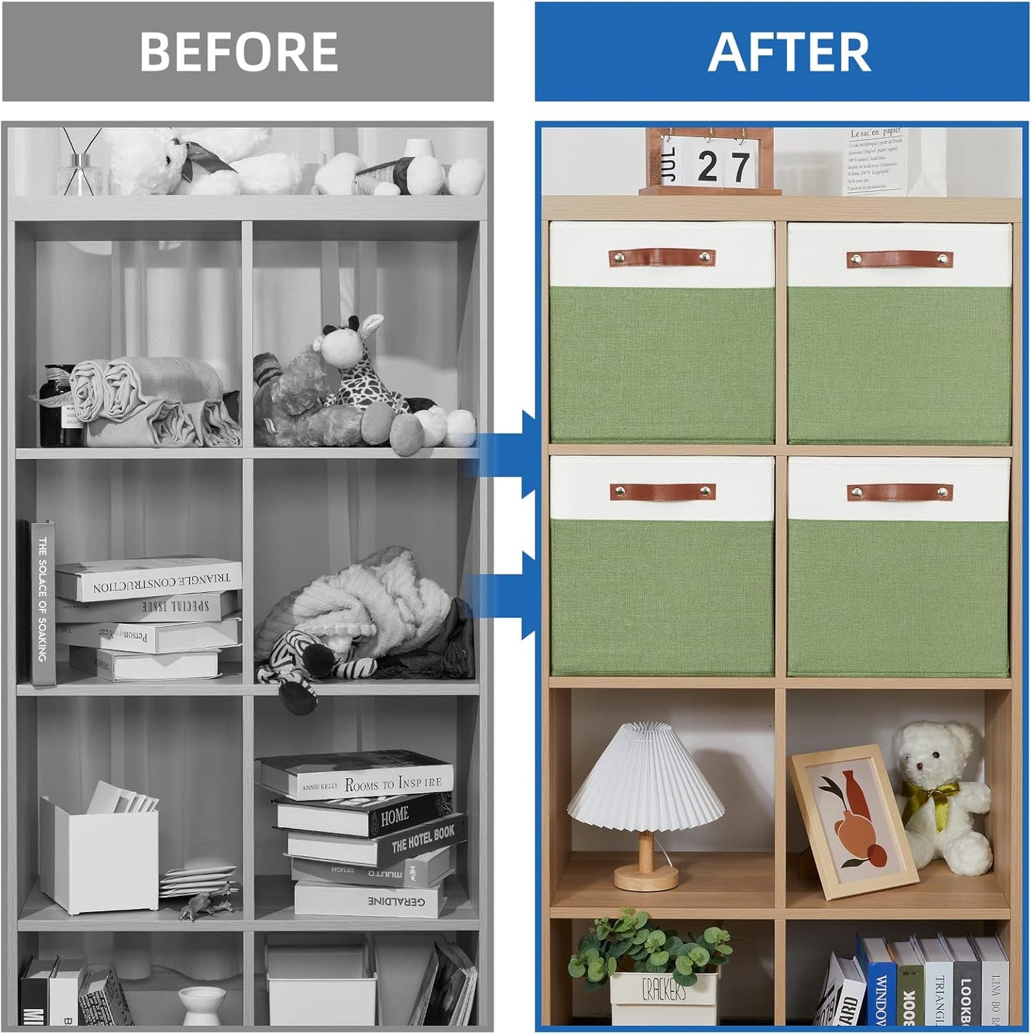 Temary 13 Inch Cube Storage Bin 4 Pack Fabric Storage Cubes Fabric Storage Bin for Shelf, Cube Storage Basket with Leather Handles(White&Green)