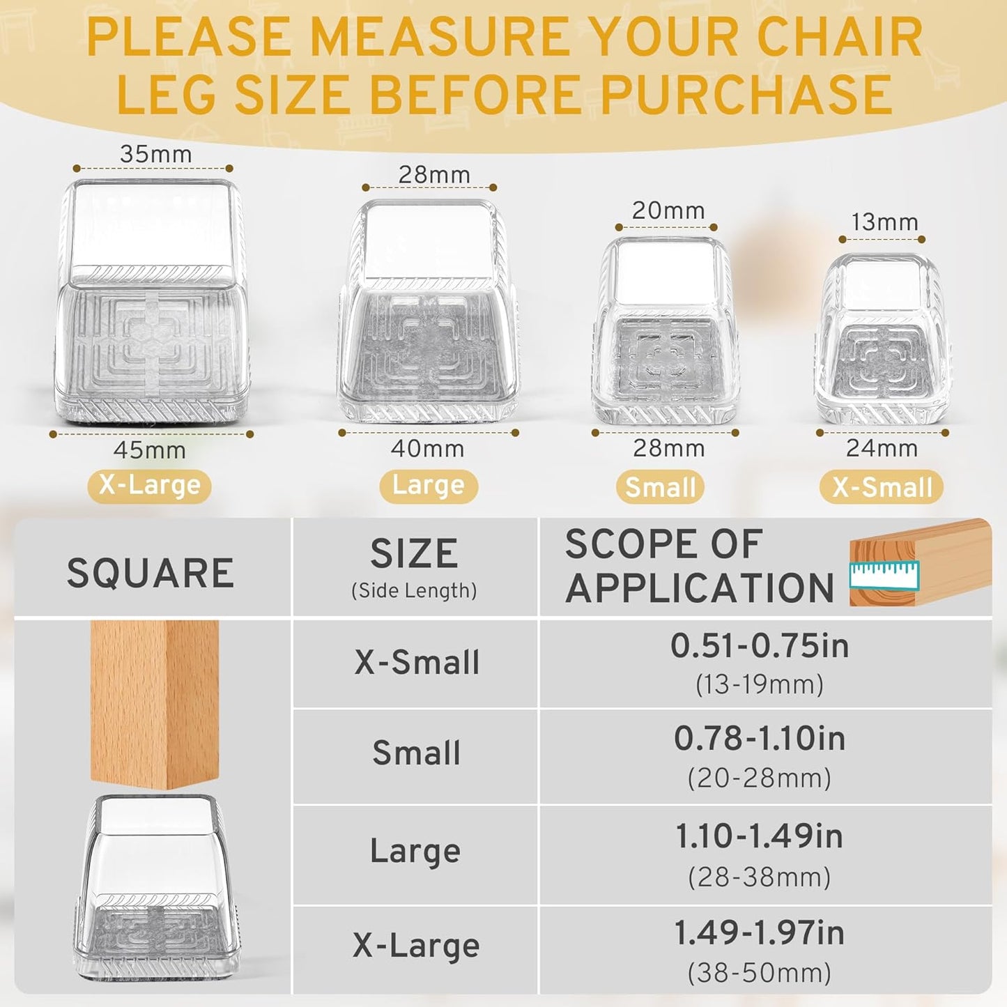 24PCS Square Chair Leg Floor Protectors, Furniture Sliders, Chair Leg Protectors for Hardwood Floors, Non-Slip Felt Furniture Pads, Silicone Cap Covers to Protect Floors, (Fit 1.1" - 1.5")