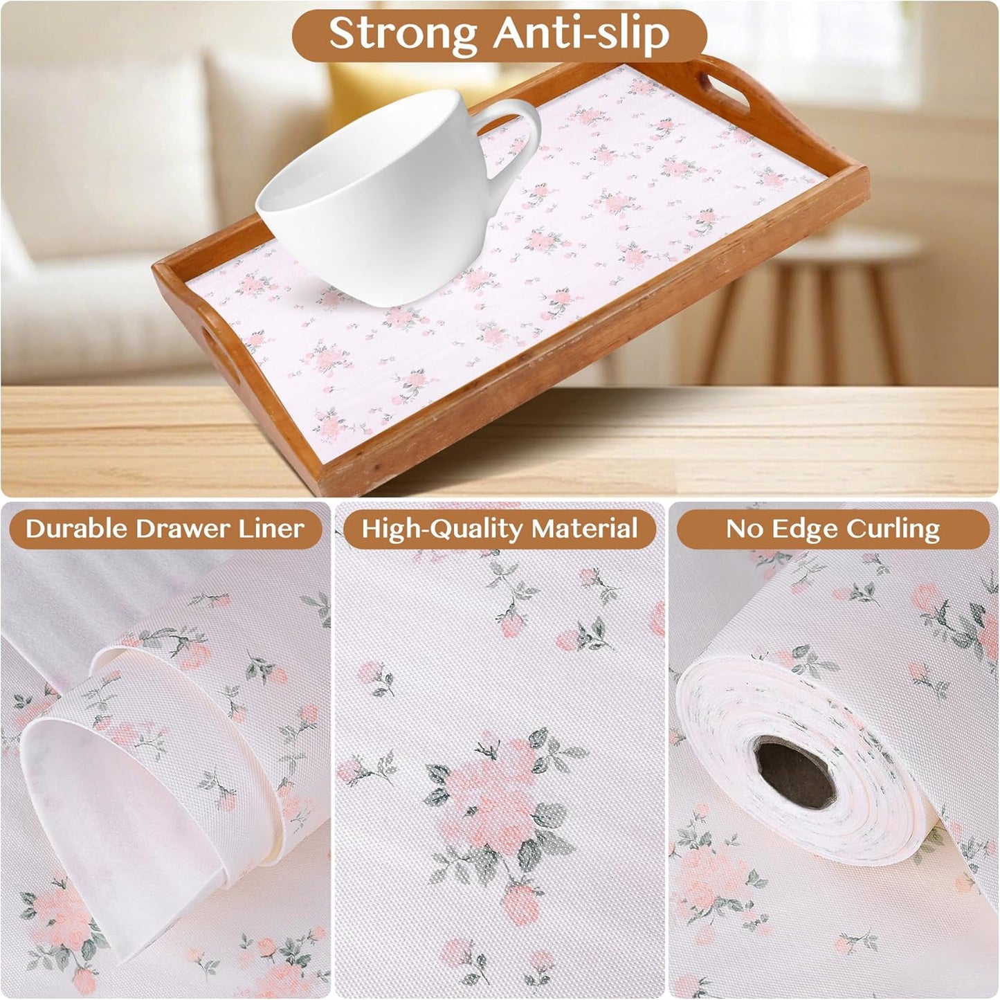 Non-Adhesive Shelf and Drawer Liner for Kitchen Cabinets, 12 in x 17FT Strong Non-Slip Cabinet Liners for Shelves, Refrigerator, Pantry Storage, Bathroom Closet, Easy to Clean, Floral