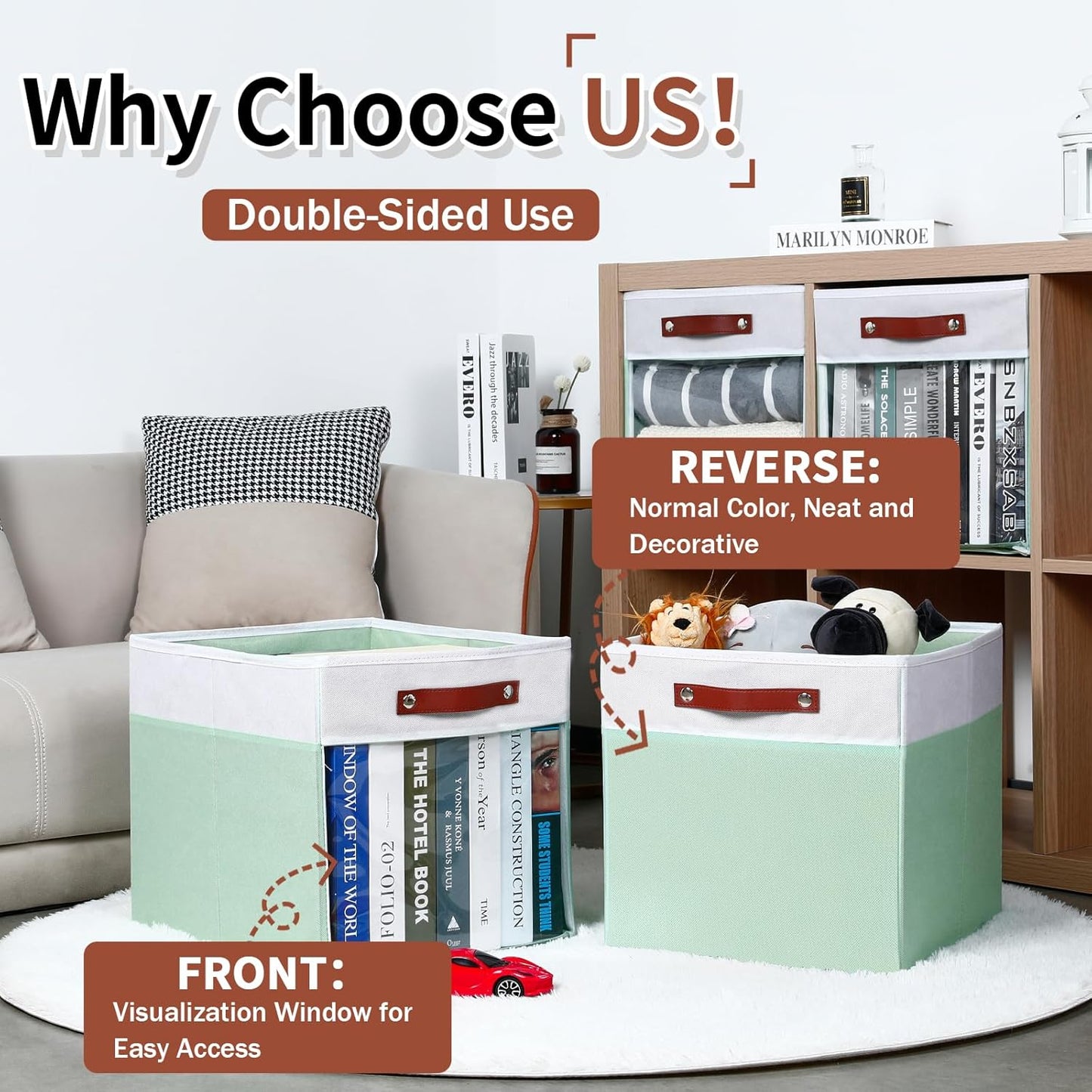 HNZIGE 13x15x13 Cube Storage Bins, 4 Pack Fabric Clear Organizer With Window, Large Collapsible Shelf Bins for Closet, Toy, Clothes - White Green