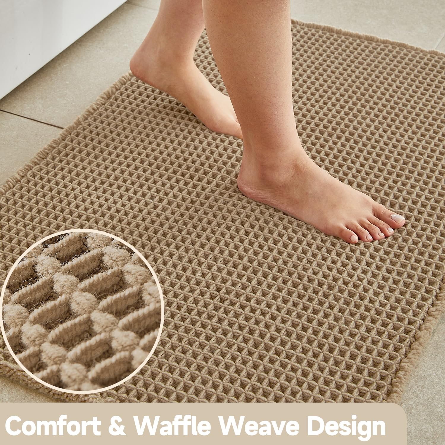 TYUU Waffle Bath Mat, Boho Bathroom Rugs Non Slip Washable, 30x20 Khaki