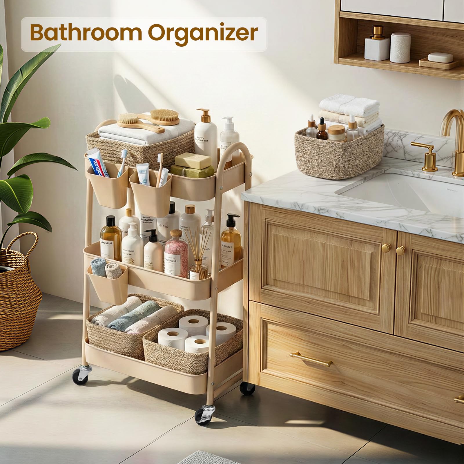 3-Tier Rolling Utility Cart with 4 Woven Baskets, Diaper Book Snack Cart, Storage Organizer for