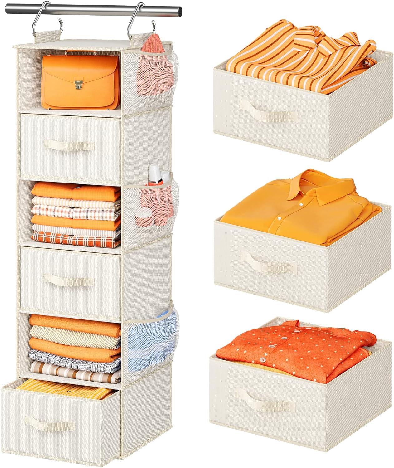 Pipishell Hanging Closet Organizer 6-Shelf, Hanging Shelves for Closet with 3 Removable Drawers & Side Pockets, Hanging Shelf Organizer for Bedroom or Garment Rack, 12'' x 12'' x 43.3'', White