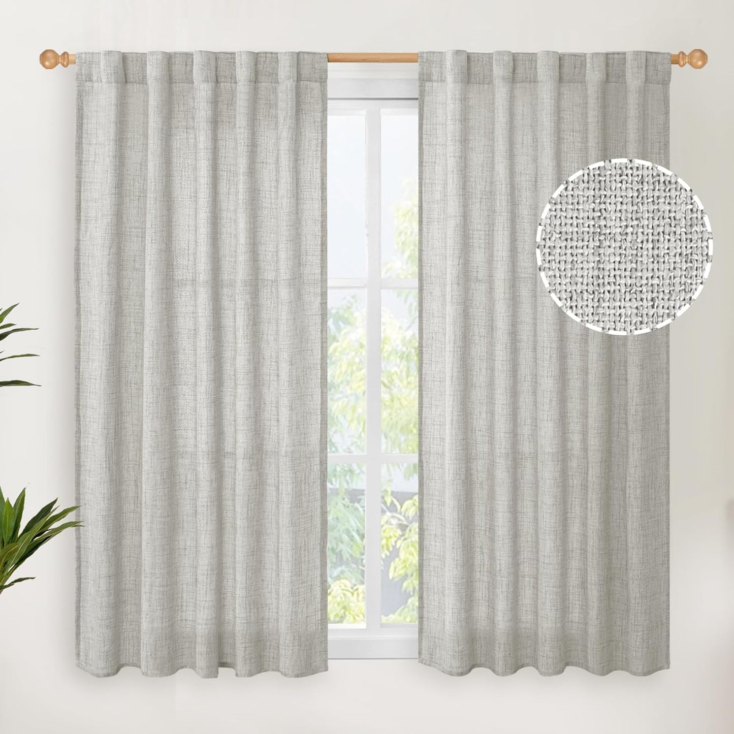 YoungsTex Light Grey Linen Curtains 45 Inch Length for Short Window, Light Filtering Burlap Textured Drapes Rod Pocket Back Tab for Kitchen Living Room Bedroom, 2 Panels, 42 X 45 Inch