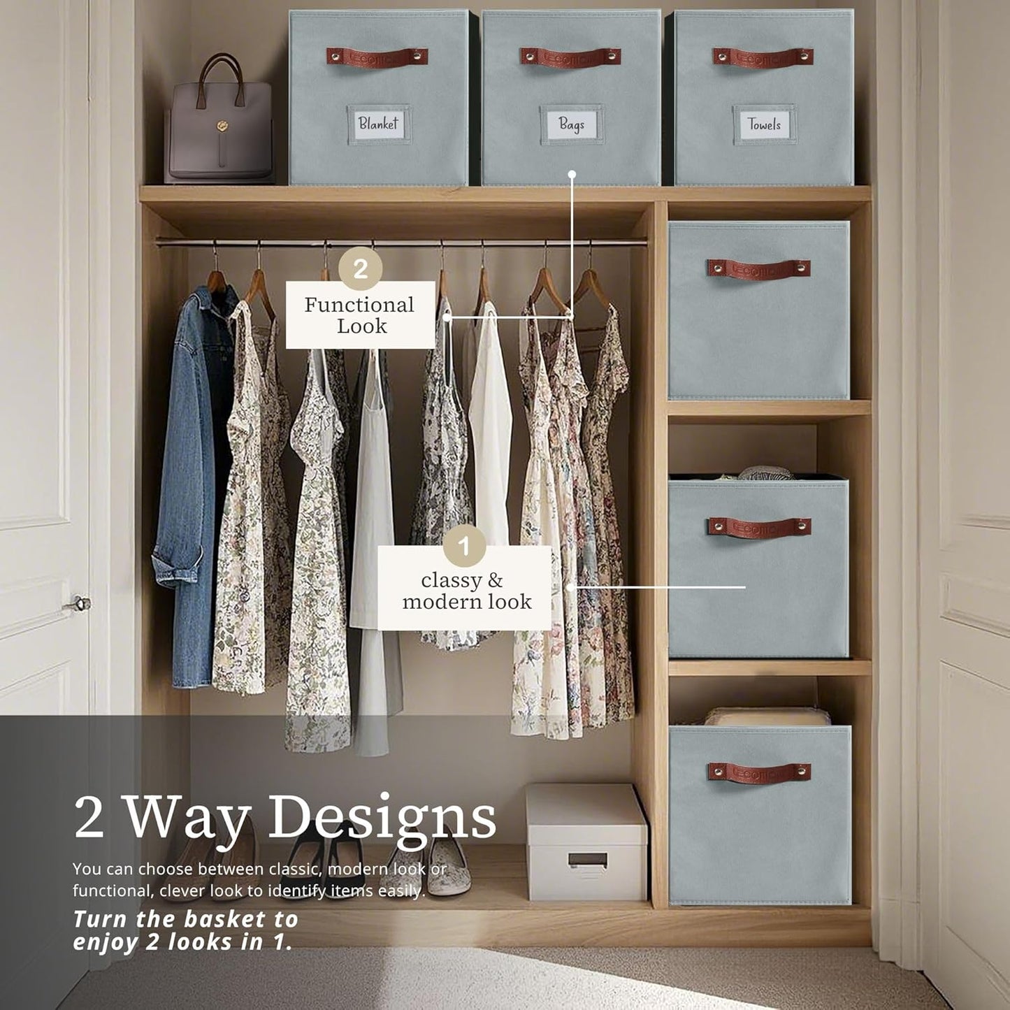 DECOMOMO Storage Bins, Cube Storage Bin with Labels, Fabric Storage Cubes for Shelves (10.5" x 11" / 6pcs, Grey)