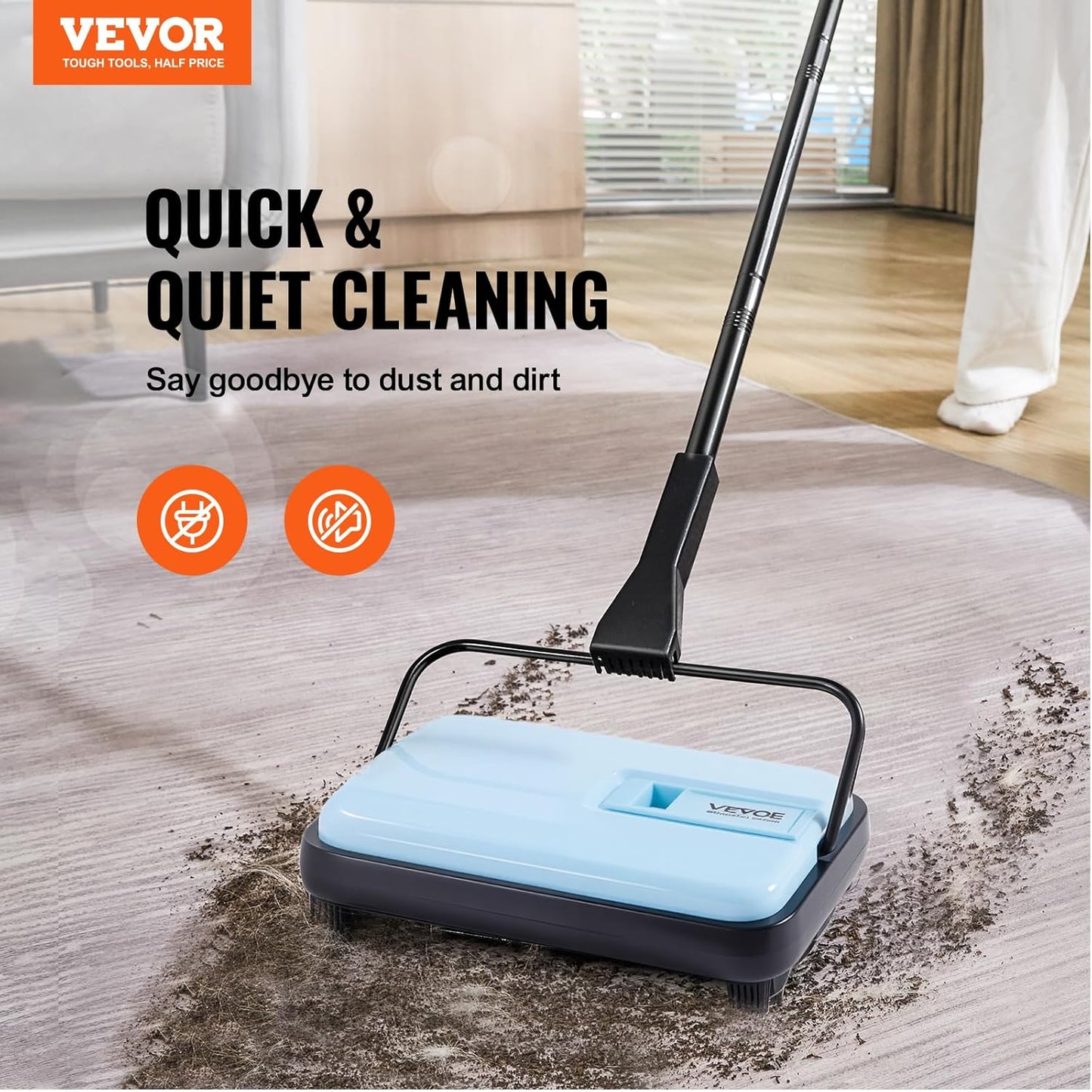 VEVOR Carpet Sweeper Manual, Floor Sweeper with 300 ml Dustbin Capacity Easy to Empty, 6.7 inch Cleaning Width for Home Office Carpets Pet Hair Dust, Blue
