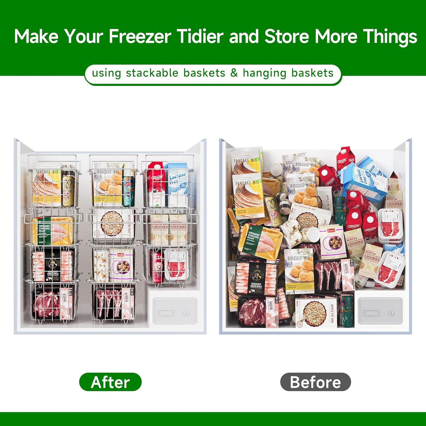 3Pack Adjustable Freezer Organizer Bins - Stackable & Hanging for 7 Cu.Ft Chest Freezer