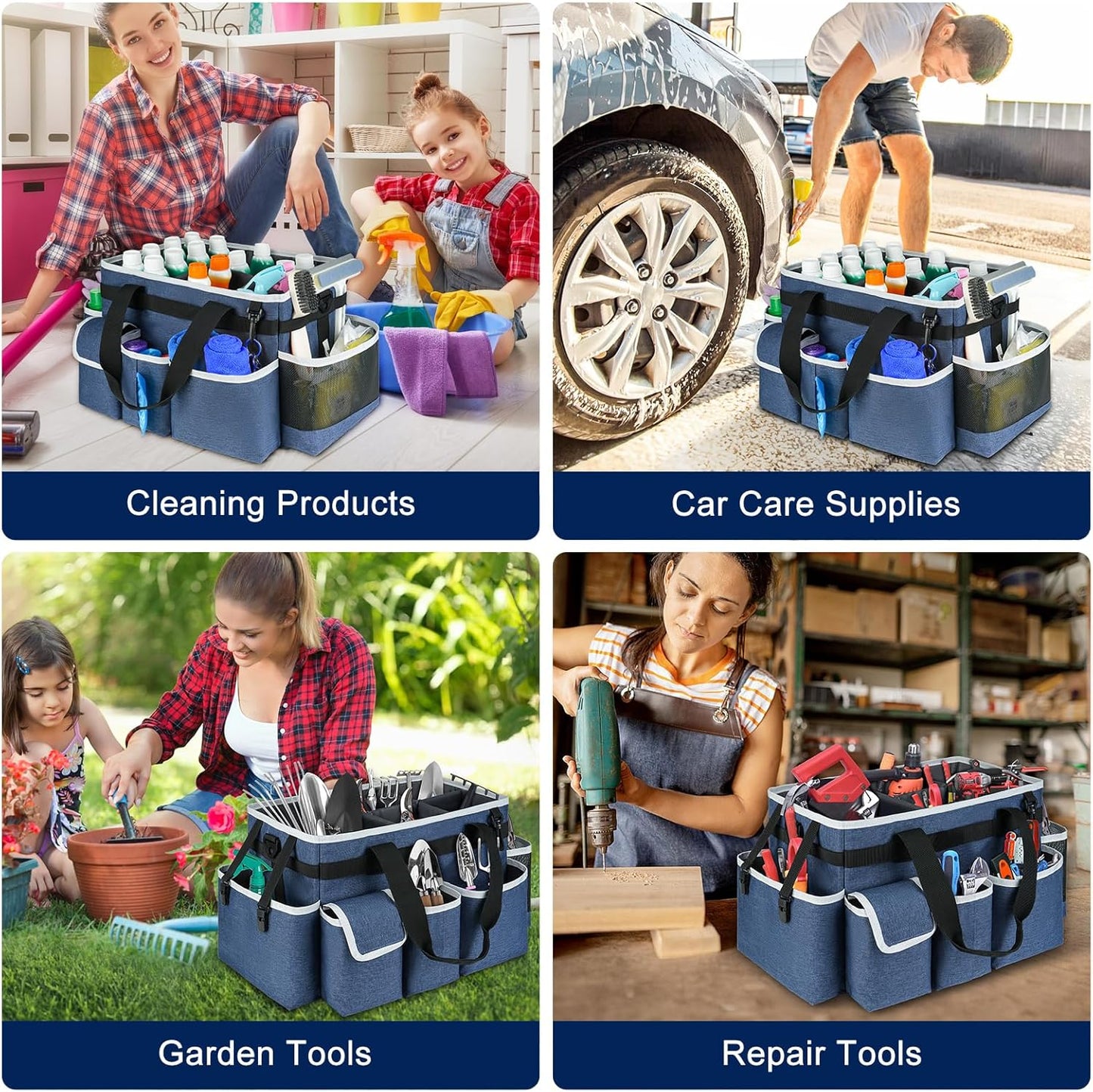 Cleaning Caddy Bag,Large Cleaning Supplies Organizer with Handle for Housekeepers, Blue