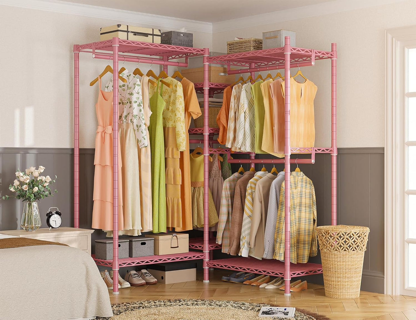 Raybee Clothing Racks for Hanging Clothes Heavy Duty Clothes Rack Load 750LBS clothes rack, 77" H x 70.5" W x 13.8" D, Pink