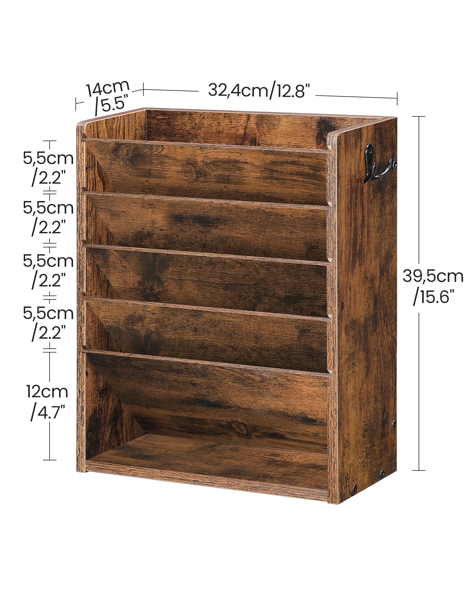 CHOEZON Wall File Organizer, 6-Tier Vertical Mount Hanging Holder with 2 Side Hooks, Vintage Wooden