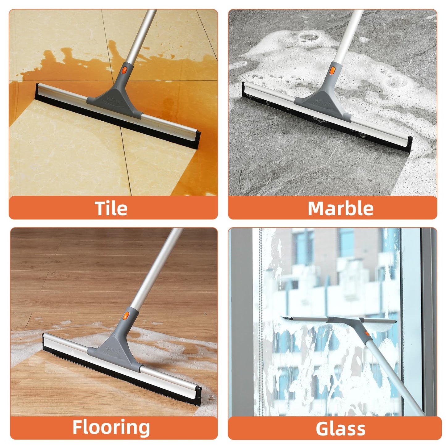 Eazer Floor Squeegee for Floor: Heavy Duty Scrubber with Extendable 60'' Aluminum Pole and Rubber