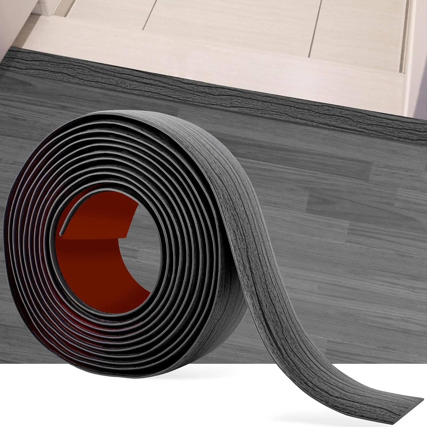 5Ft Floor Transition Strip Self Adhesive Vinyl Cover Floor Strip Flat Divider Transition Strip Wood Grain Design for Laminate Floor Gaps and Doorway Transitions (5Ft x 2 Inch, Gray)
