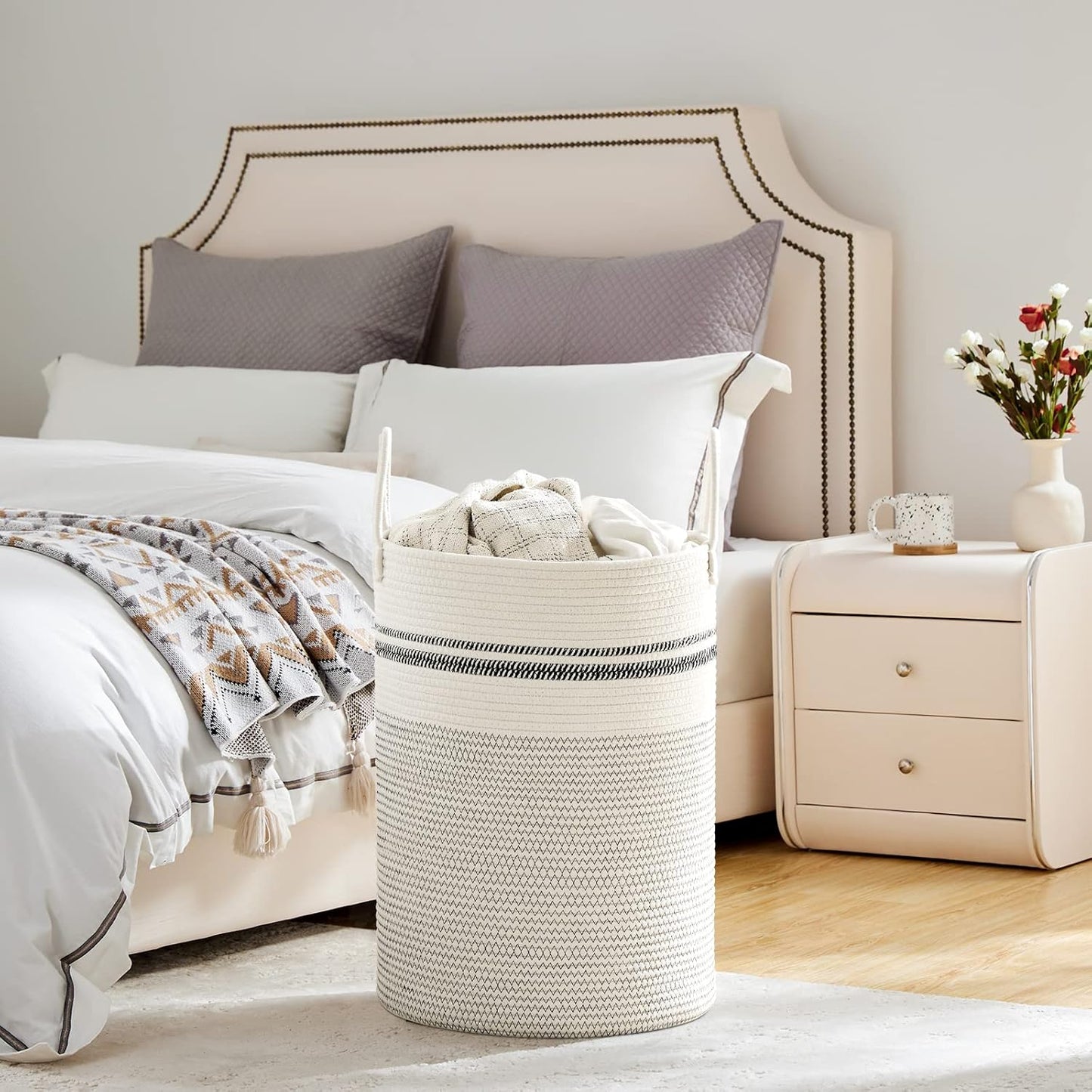 VIPOSCO Large Laundry Hamper, Tall Woven Rope Storage Basket for Blanket, Toys, Dirty Clothes in Living Room, Bathroom, Bedroom - 72L Stripe White