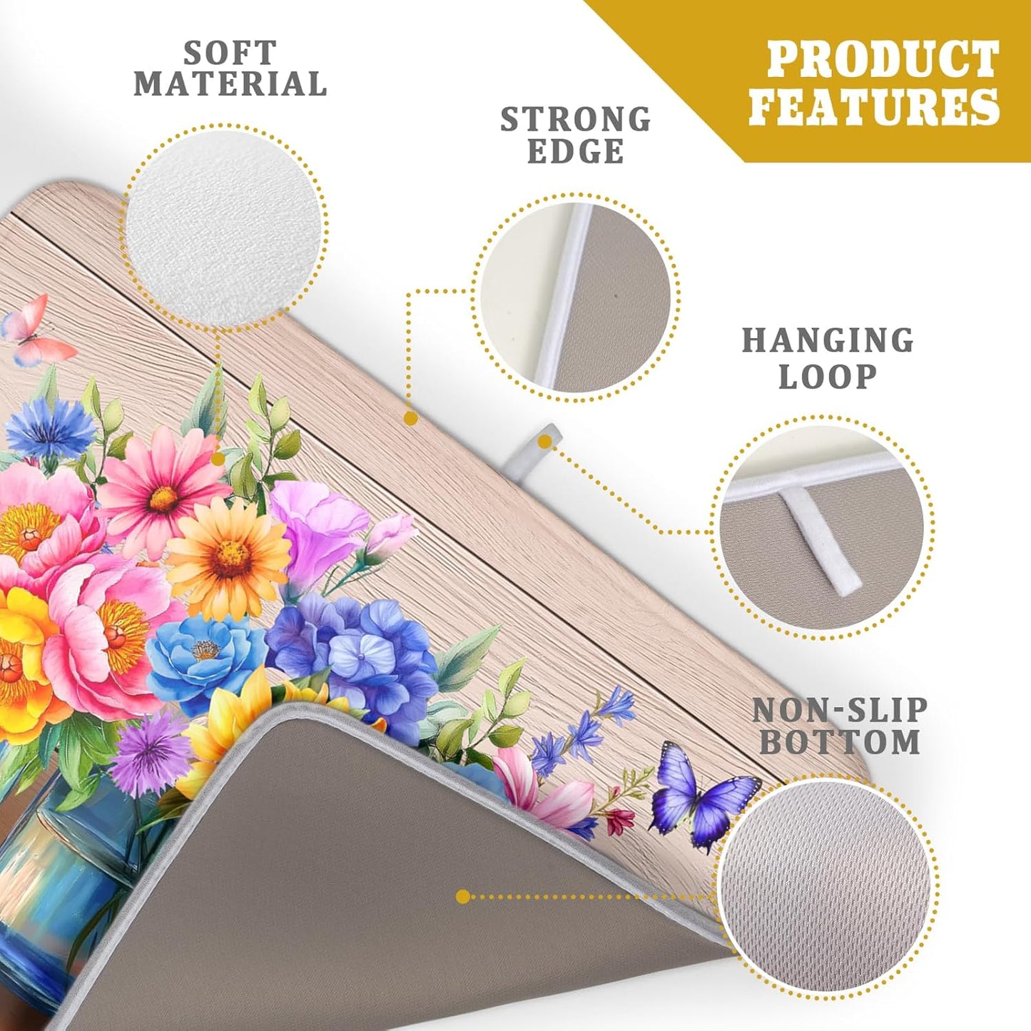 Spring Flowers Dish Drying Mat for Kitchen Counter 18x24in Vintage Plants Colorful Floral Kitchen Drying Mat Soft Absorbent Microfiber Farmhouse Flowers Dish Drainer Rack Mats for Kitchen Countertops