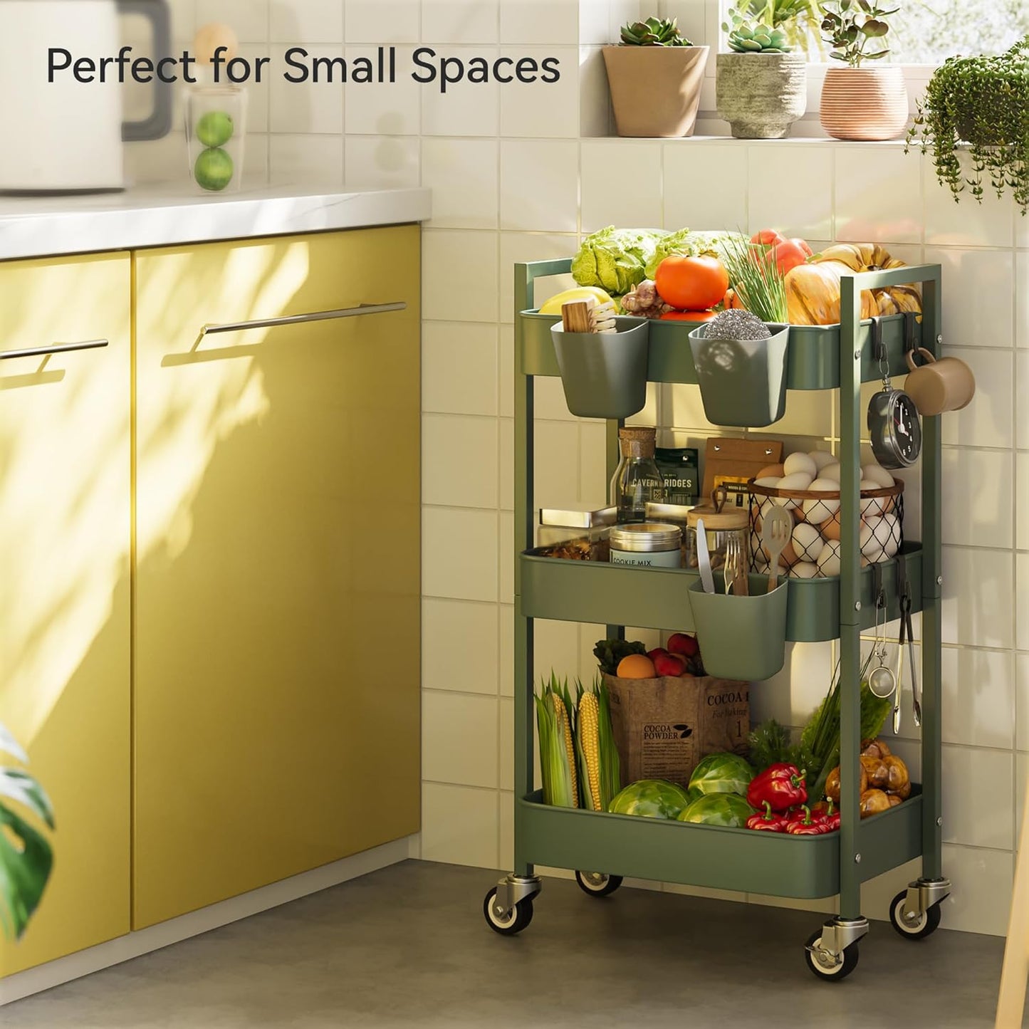 3 Tier Rolling Cart,Utility Cart with Locking Wheels, Hanging Cups,&Hooks, Heavy Duty Metal Storage Organizer Cart for Kitchen,Office, Bathroom,Craft Room,Green