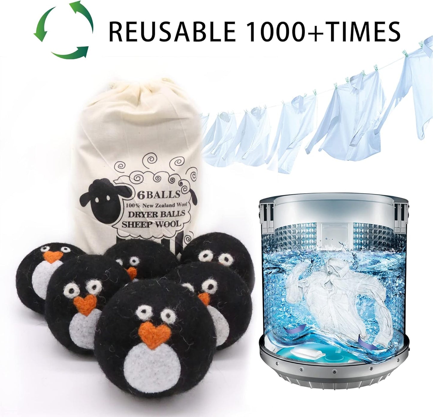 Pack of 6 Wool Dryer Balls, Muulaii Reusable Fabric Softener, Extra Large, Black Penguin