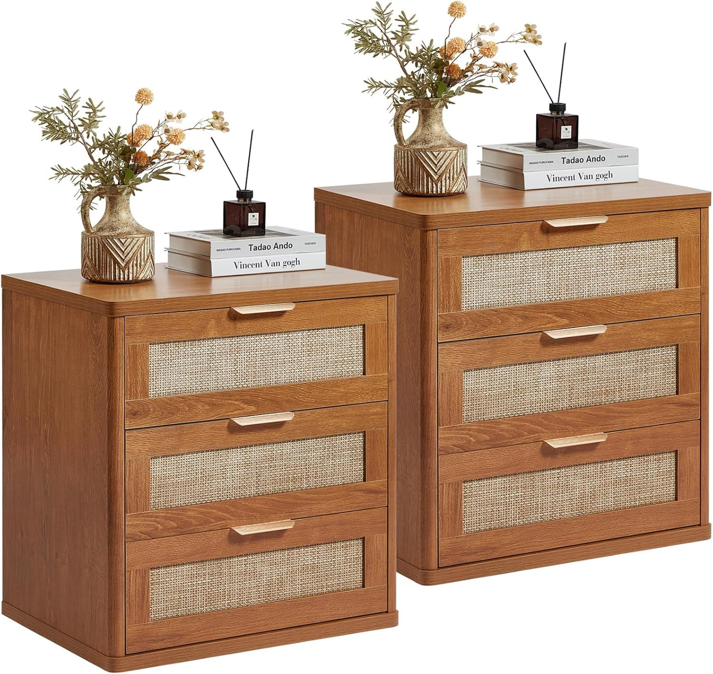 LEYAOYAO Rattan Night Stand Set of 2 with Drawers, 23" Large 3 Drawer Boho Nightstand, Natural Wood Bedside Table Storage Cabinet, Bed Side End Tables Dresser for Bedroom, Living Room, Hallway, Closet