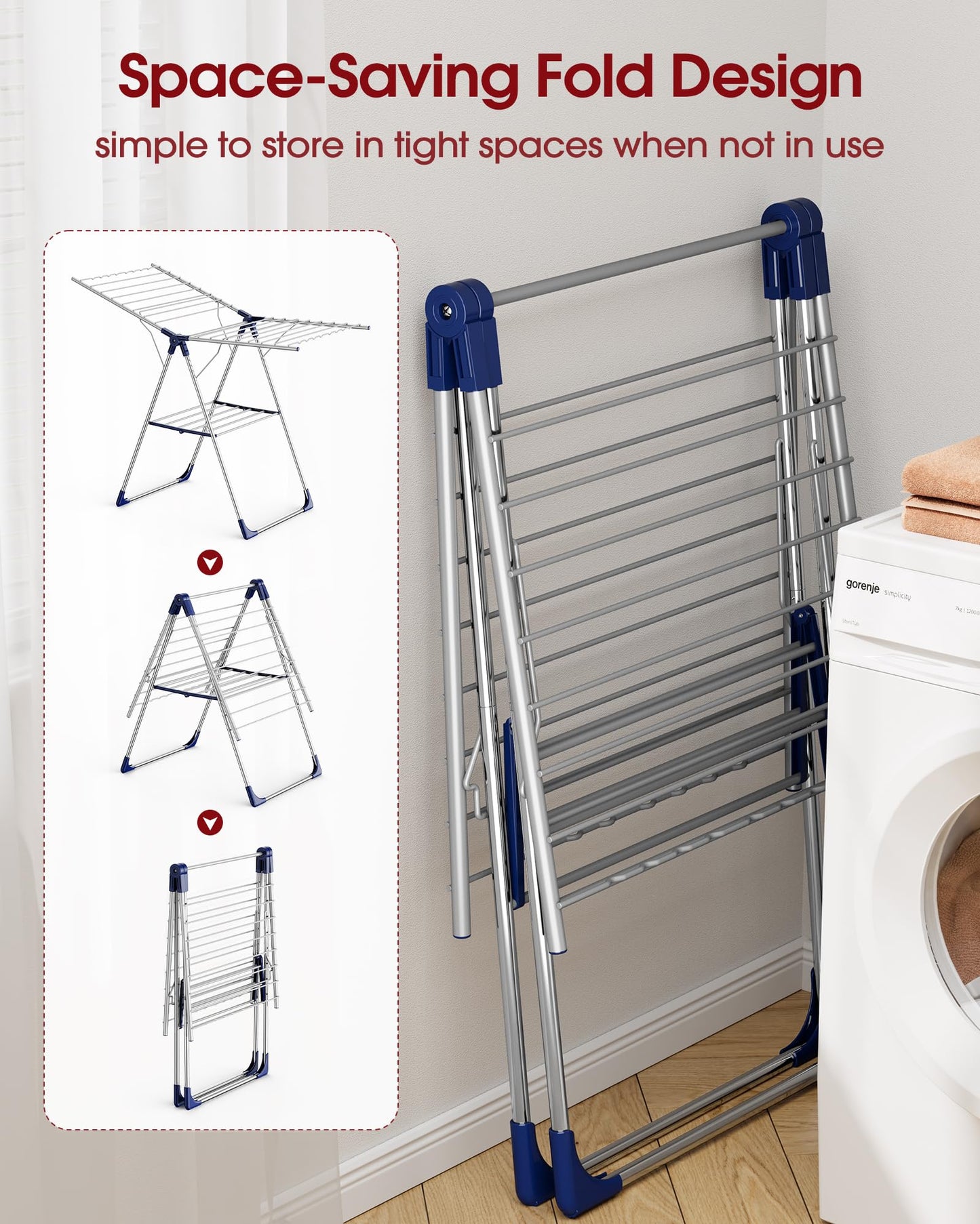 Sakugi Clothes Drying Rack, 55.5" Adjustable Wings, Foldable Design
