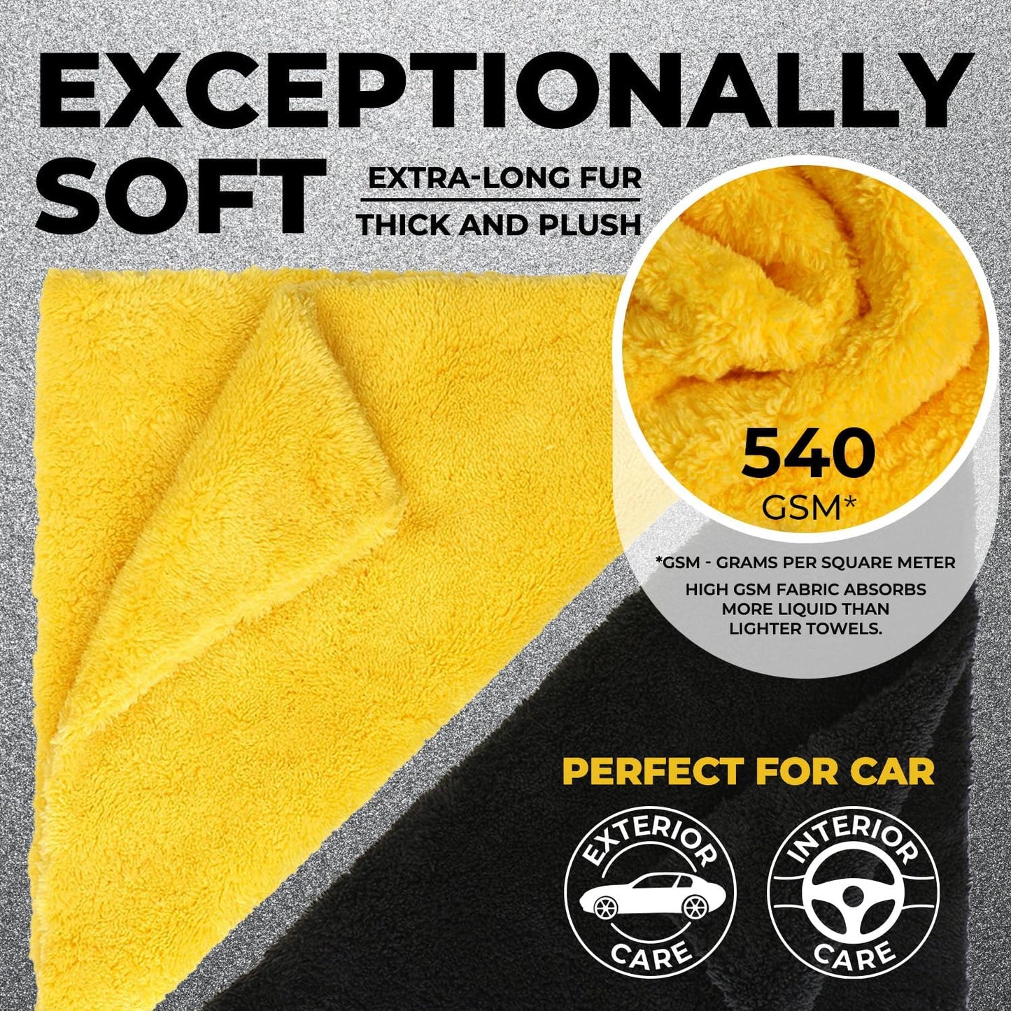 Edgeless Microfiber Towels for Cars – 6pk (12”x12”) - 540 GSM - Super Soft Detailing & Buffing – Scratch-Free & Absorbent Microfiber Cleaning Cloths for Car Polishing