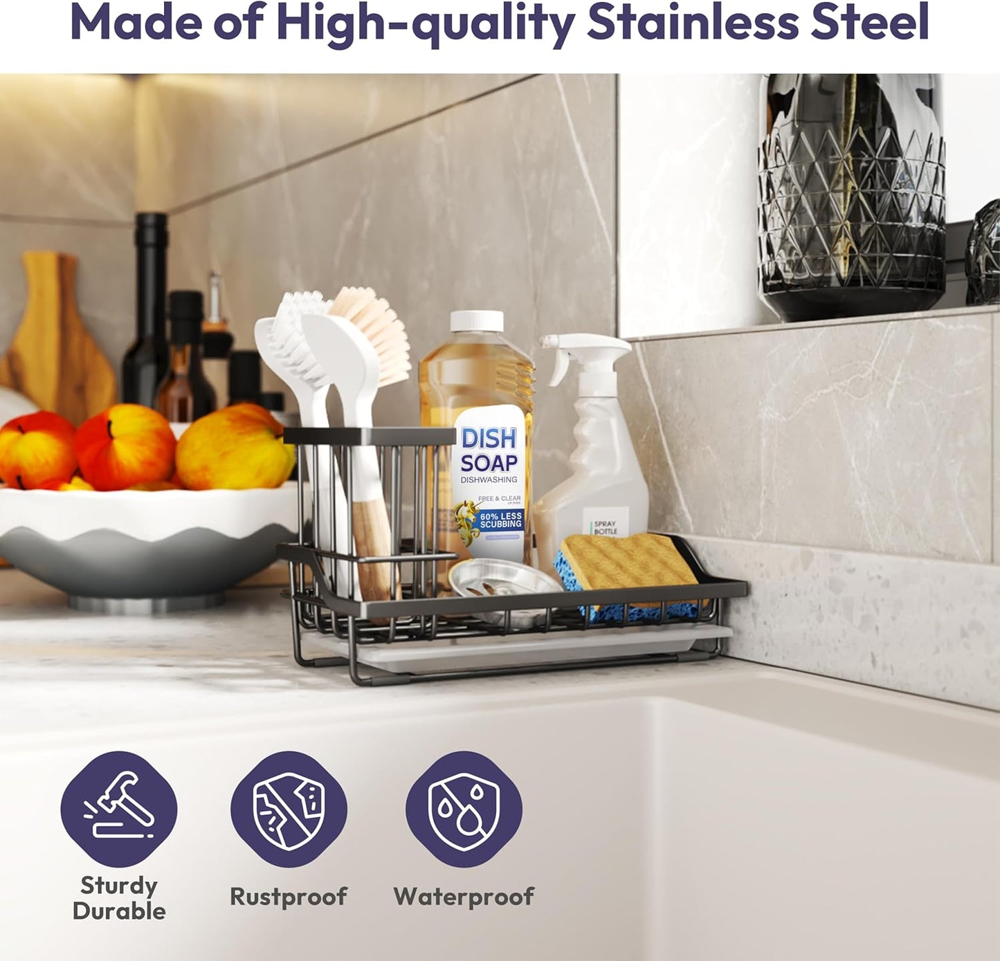 SWTYMIKI Large Sink Caddy Kitchen Sink Organizer with Detachable Brush Holder, Stainless Steel Sponge Holder with Removable Drip Tray Sponge Caddy for Kitchen Countertop, Black