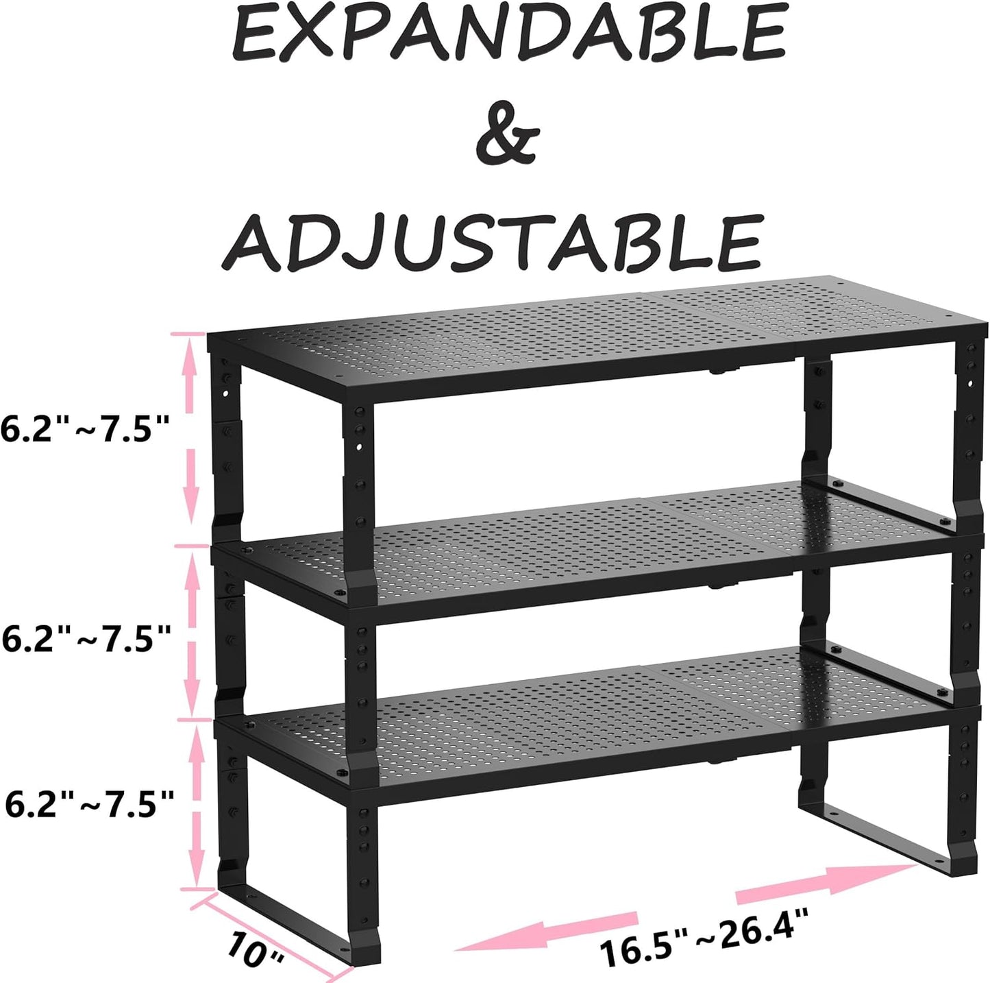 Metal Stackable Expandable Storage Shelf - Multi-Functional Home Storage Shelf, Suitable for Kitchen, Cabinet，Bathroom, Office, Garage, etc.（3PACKS/Black/Large