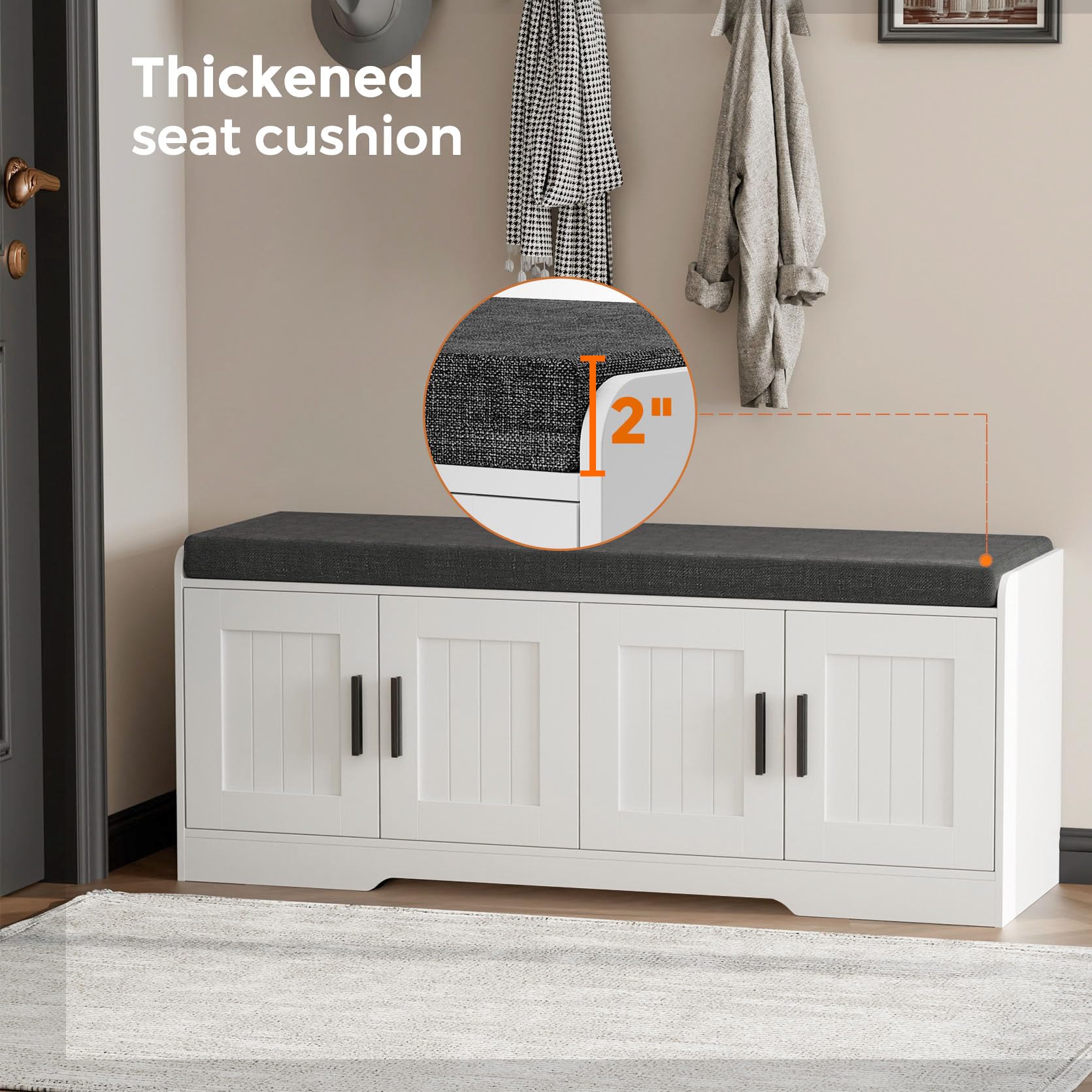 Homleke Shoe Storage Bench, 4 Doors & Thickened Padded Seat Cushion