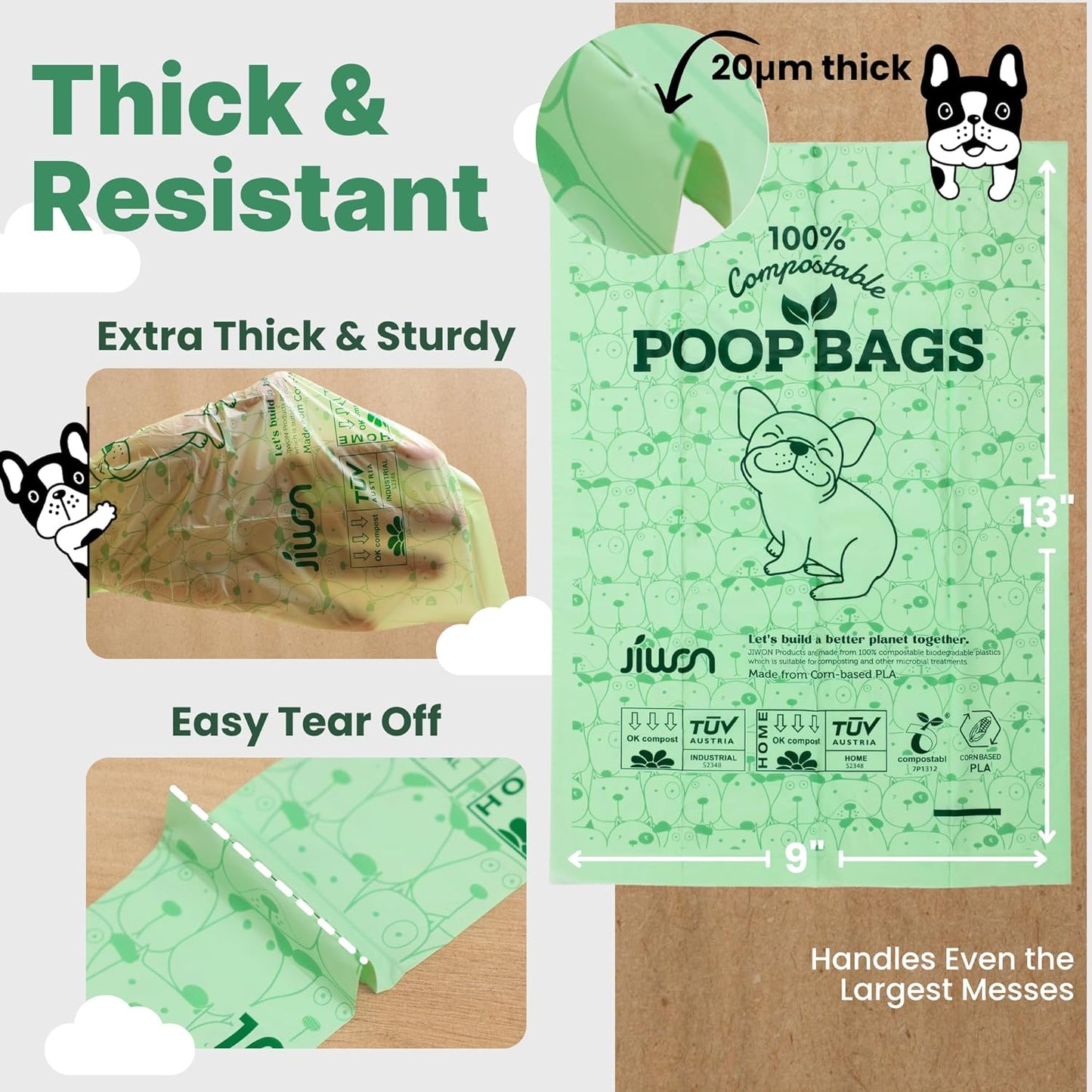 JIWON Dog Poop Bag Dispenser with 100% Compostable Refill Roll, Thick & Leakproof, Plant-Based, Fits Any Leash, 1 Dispenser and 15 Bags (1 Roll), Unscented