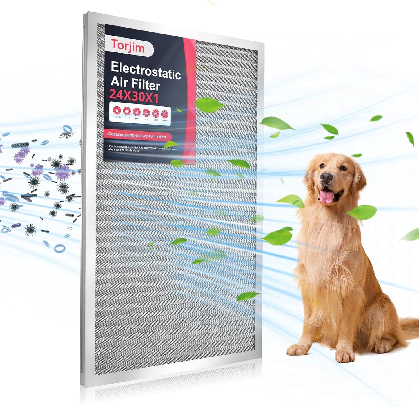 Torjim 24x30x1 MERV8 Washable Reusable Electrostatic Air Filter, AC/HVAC Furnace Filter, Permanent Air Filter, Breathe Fresher, Easy Install