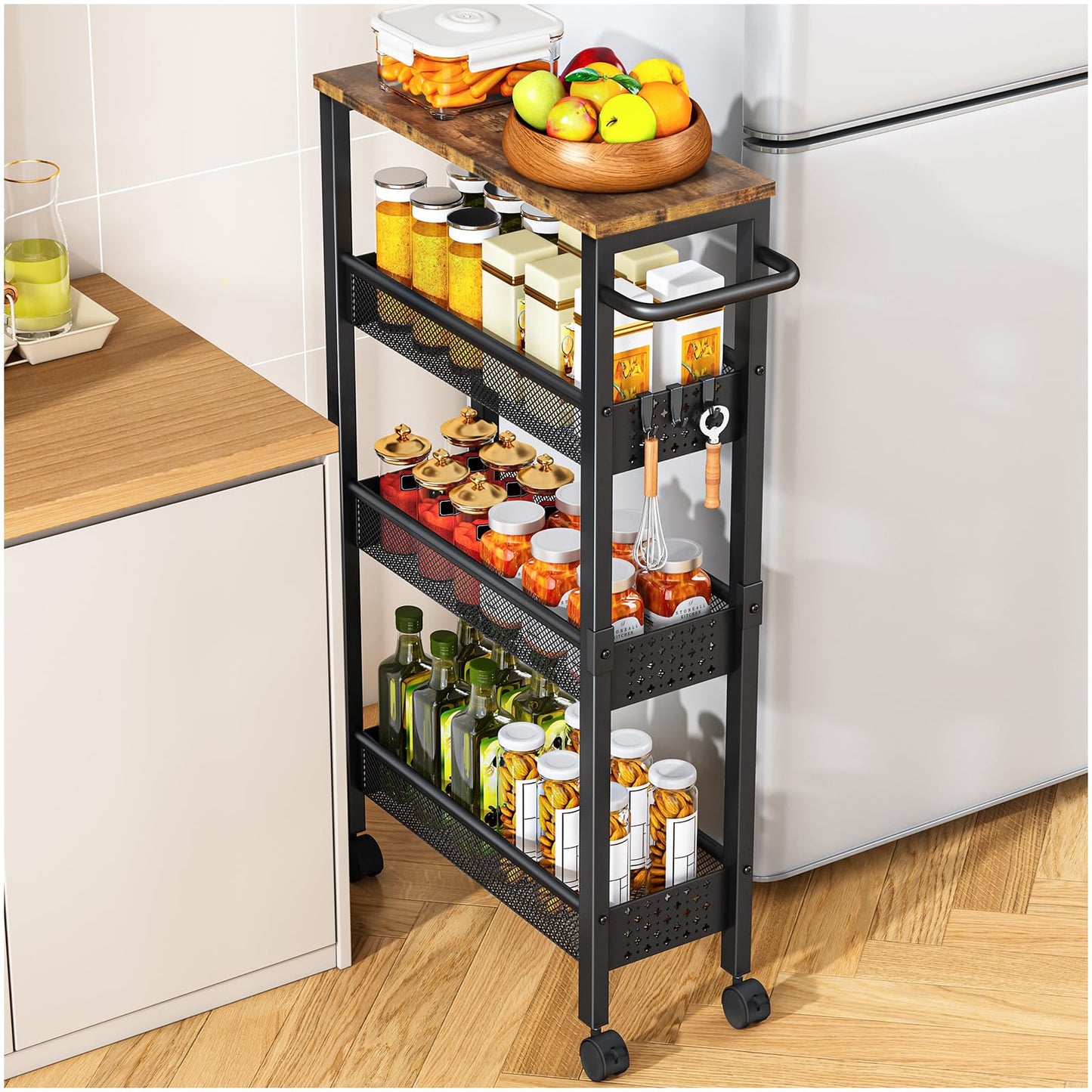 Vivihomety 4-Tier Slim Utility Rolling Laundry Cart with Wheels, Metal