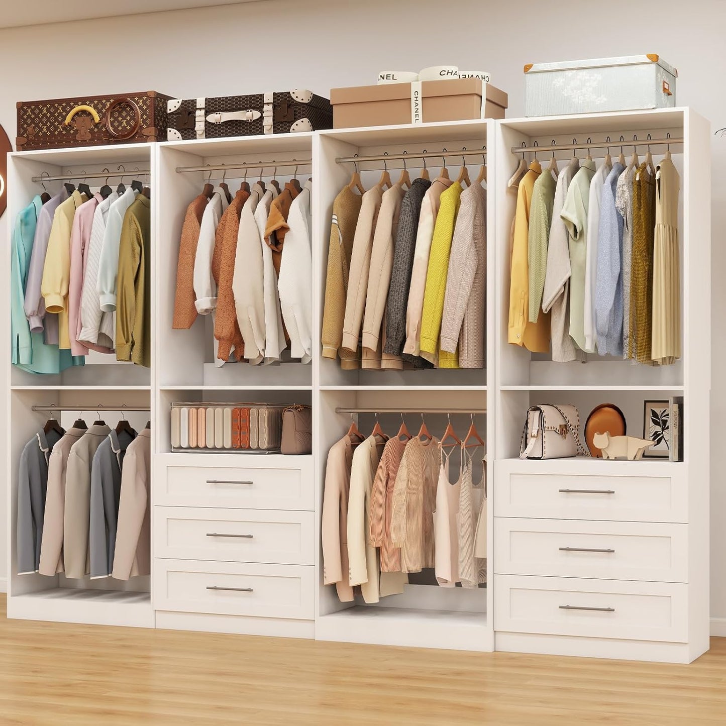 Closet System with 4 Sets, 8FT Closet Organizer Systems with 6 Wooden Drawers & 10 Hanging Rods, Walk in Closet Standalone Corner Closet System Modular Closet System Set White (8FT)