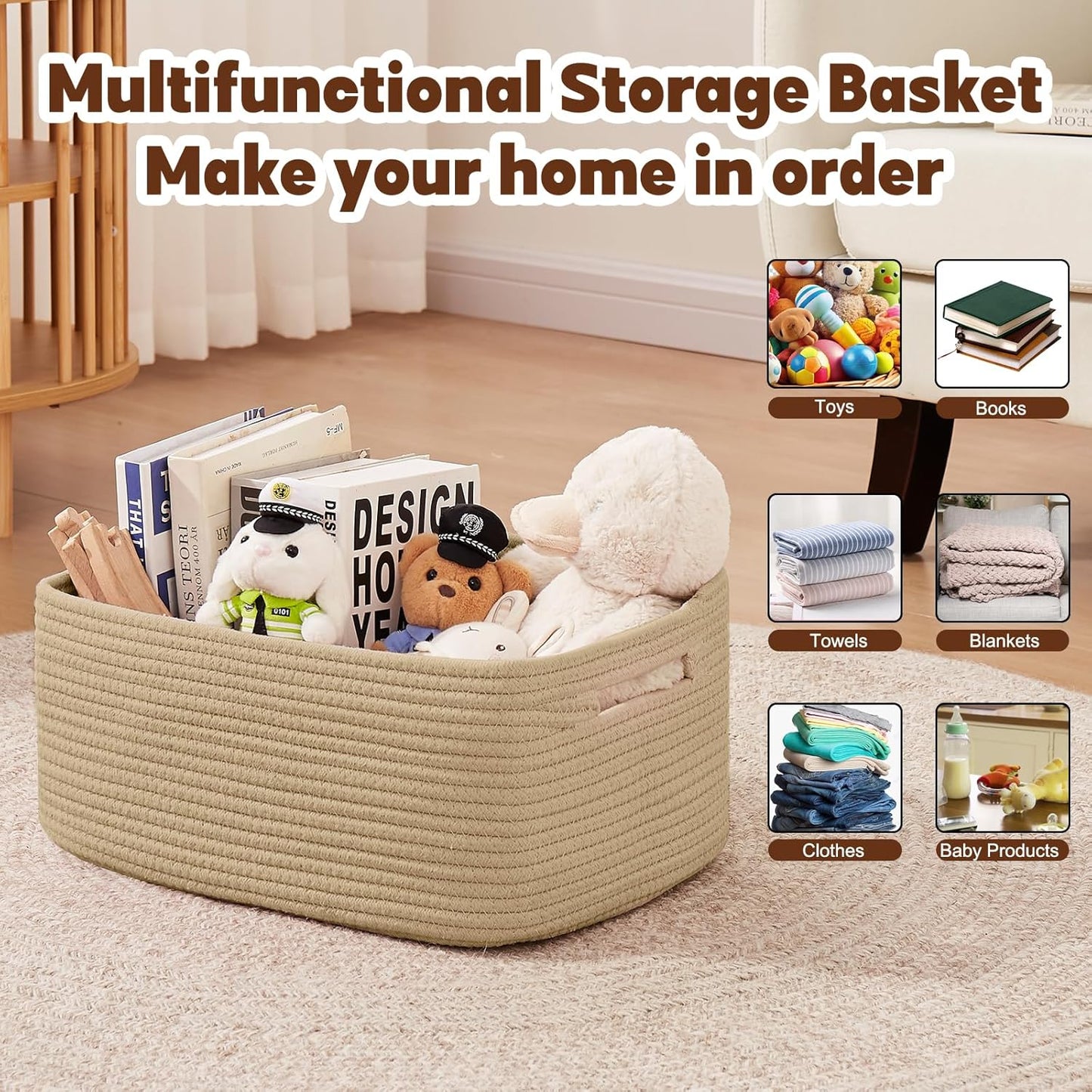 OIAHOMY Storage Basket for Shelves, Closet Cube Storage Bins Baskets for Clothes Blanket Towels, Baby Nursery, Toy Baskets Box, Woven Rope Basket, 15.75*11.81*7.09 ININ, 2 Packs Jute Yellow