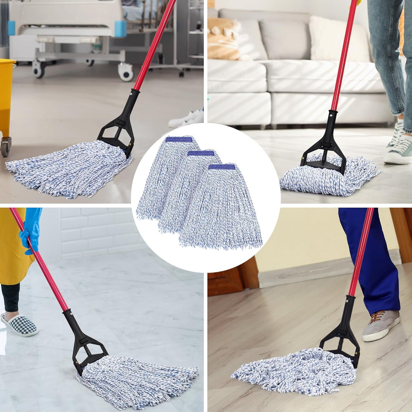 MATTHEW CLEANING Looped-Open Cotton Wet Mop 1.25'' Universal Headband Heavy Duty Commercial Mop Head Replacement for indoor and outdoor Use,Grease Stain Floor Cleaning String Mop Head Refill Pack of 3