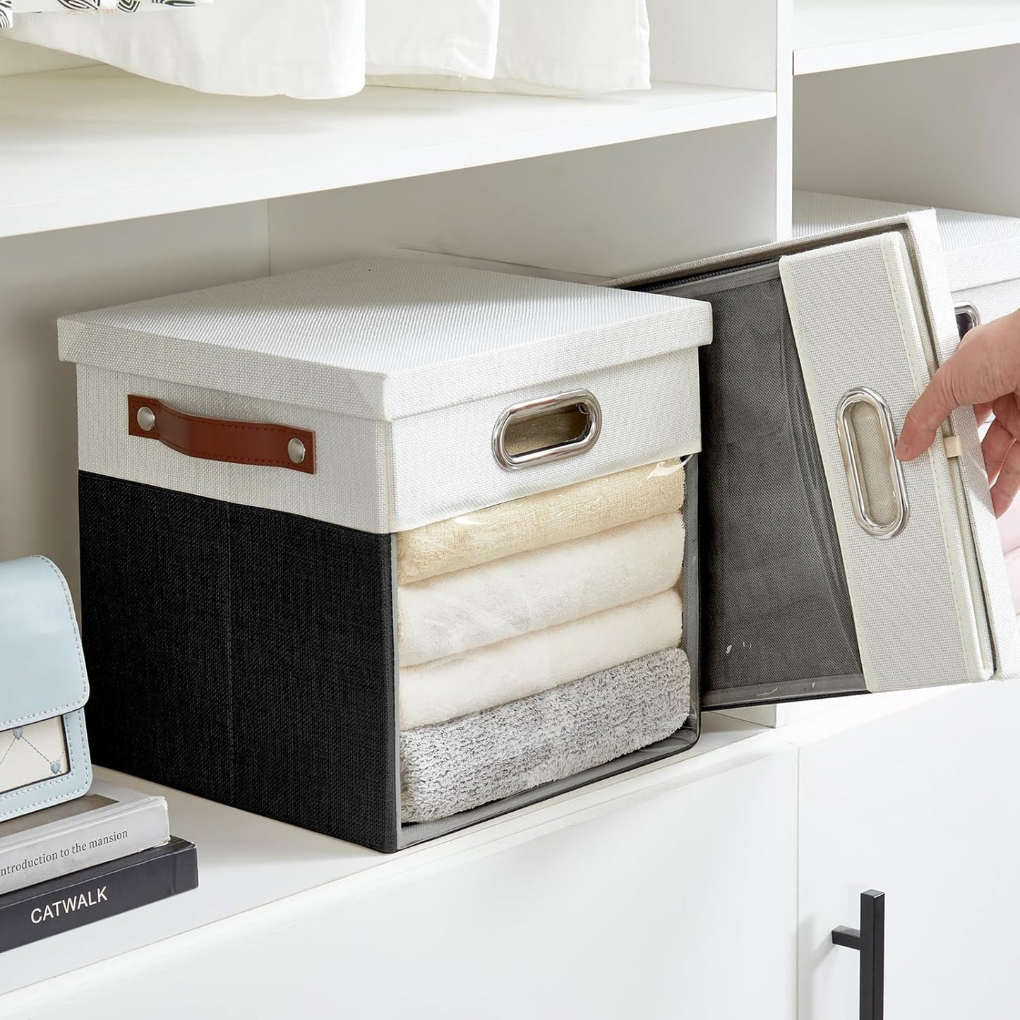 Fabric Storage Cubes with Clear Windows and Lids 11'' Foldable Storage Bins with 3 Handles, Decorative Storage Boxes for Home, Bedroom, Closet, Office (Balck & White)