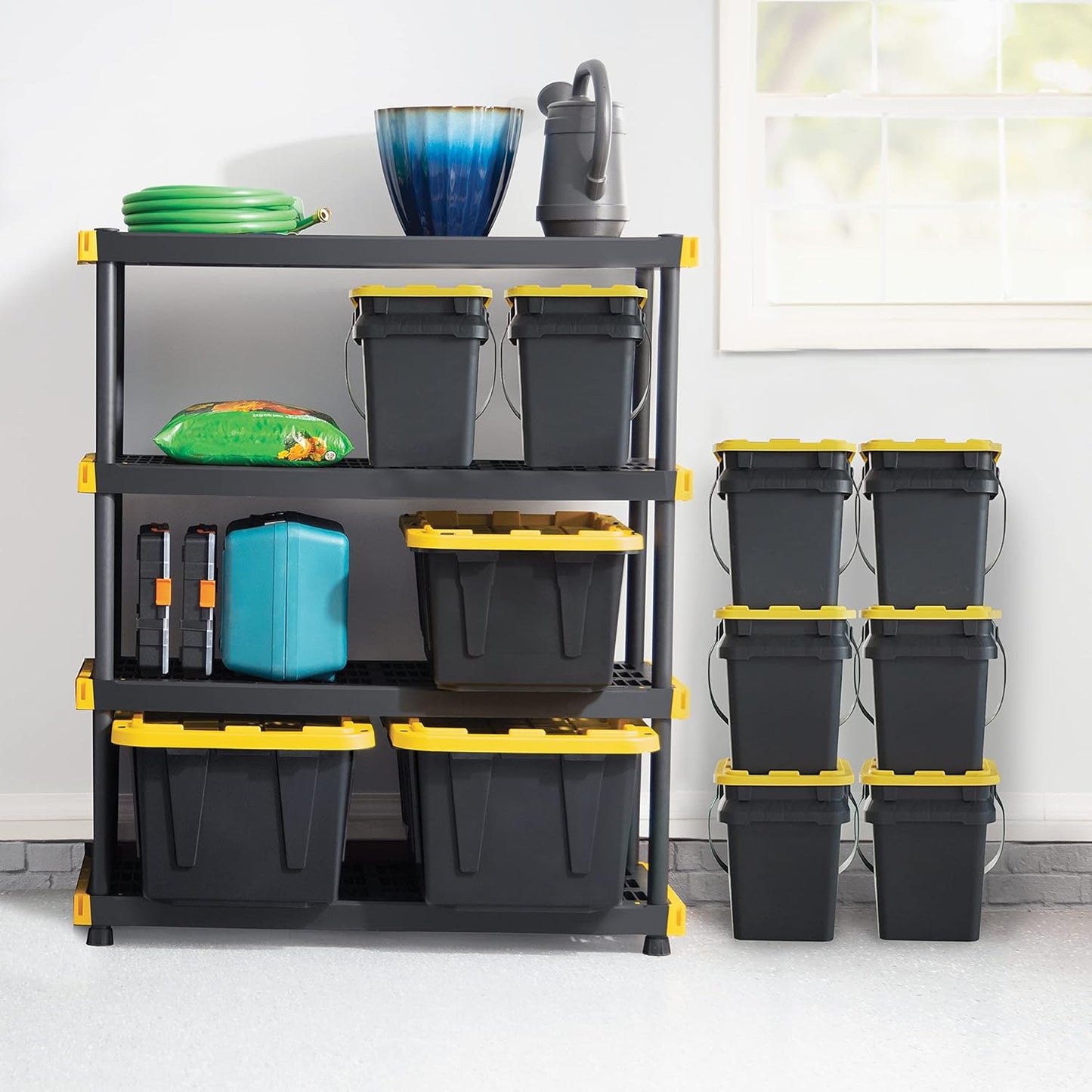 CX Black & Yellow, Shelving Unit and Heavy Duty Storage Containers, Extremely Durable (Shelf + 27 Gallon Container (4-Pack))