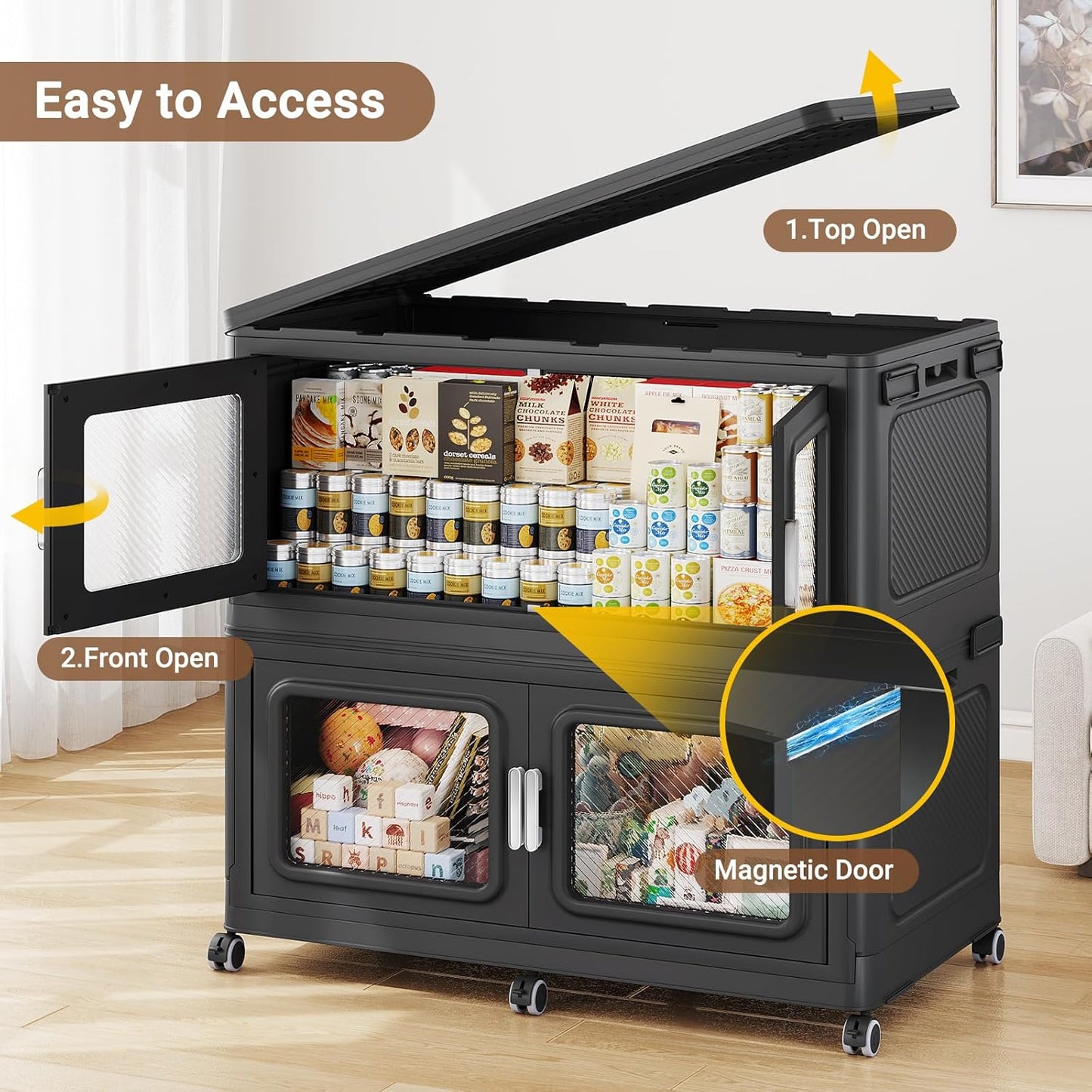 BROVIEW 300 Qt Stackable Storage Bin with Lid, 75Gal Extra Large Collapsible Storage Boxes, Folding Plastic Drawer, Heavy-Duty Store Cabinet, Closet Organizer for Home Kitchen, 1 Pack Black