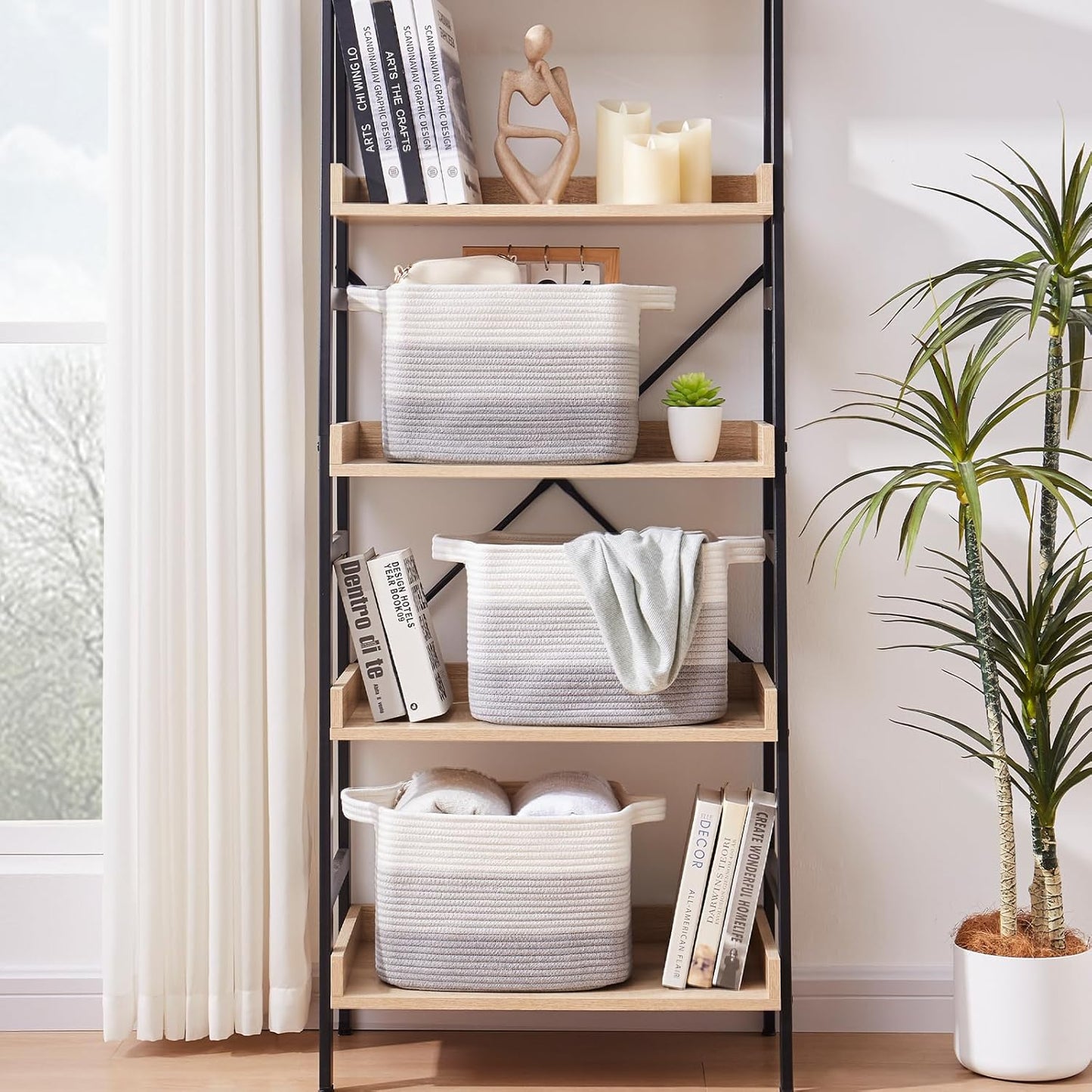 Storage Baskets for Organizing, Woven Baskets for Shelves, Rectangle Decorative Organizer for Storage Clothes, Toy, Books, Towels Nursery Bins 3 Pack (Gradient Grey)