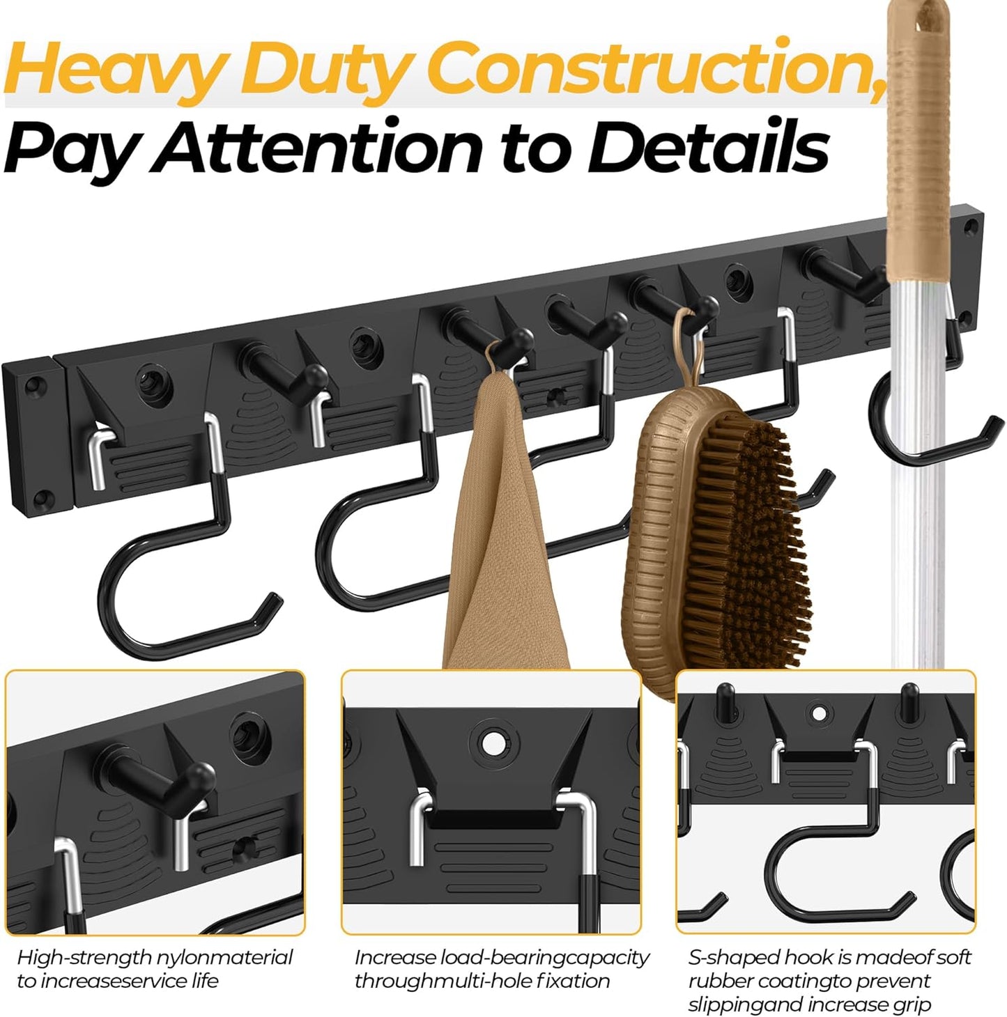 34 Inch Garden Tool Organizer Wall Mount with Non Slip Rubber Coated Metal Hooks, Storage Rack for Indoor/Outdoor Shovel, Rake, Mop and Broom Holder Wall Mount （ 10 Hooks+10 Holders