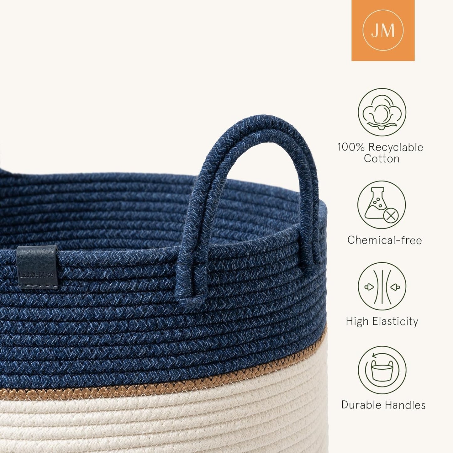LA JOLIE MUSE Woven Basket Rope Storage Baskets - Large Cotton Organizer, Basket for Baby Blanket, Kids Toy Nursery Laundry Basket Navy Blue M