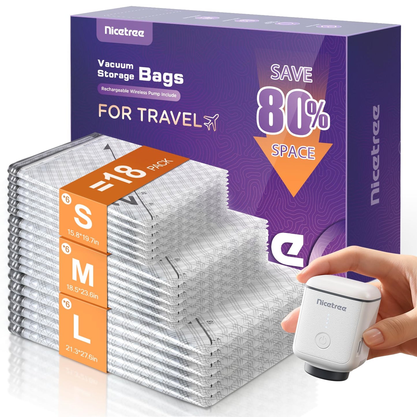 Nicetree 18-Pack Vacuum Bags for Travel with Rechargeable Pump, 3 Sizes
