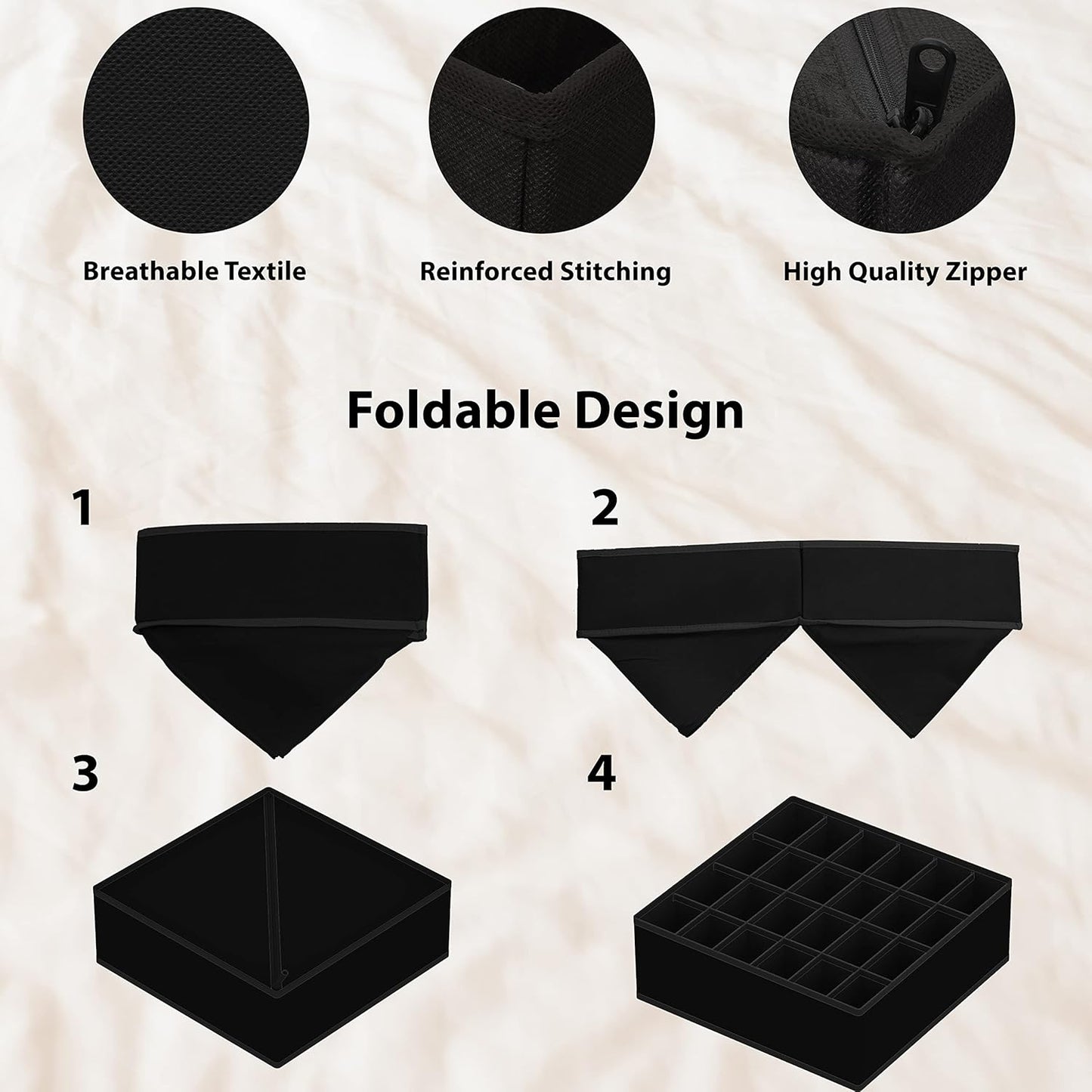 Simple Houseware 4-Pack Drawer Organizer Set - Closet Dividers for Underwear, Socks, Bras, Scarves, Ties - Foldable Non-Woven Storage Boxes, Black